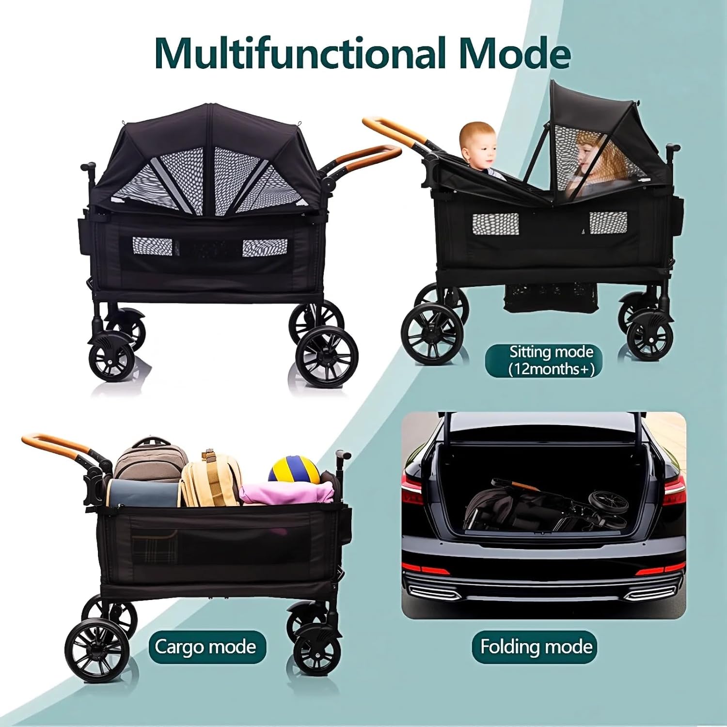 Luxury Wagon Stroller for 2 Kids & Cargo-Lightweight Foldable Travel Push Pull All-Terrain Double Wagon for Newborn&Toddler with 5-Point Harness,Adjustable Handle, Canopy,Tray Table,Cup Holder