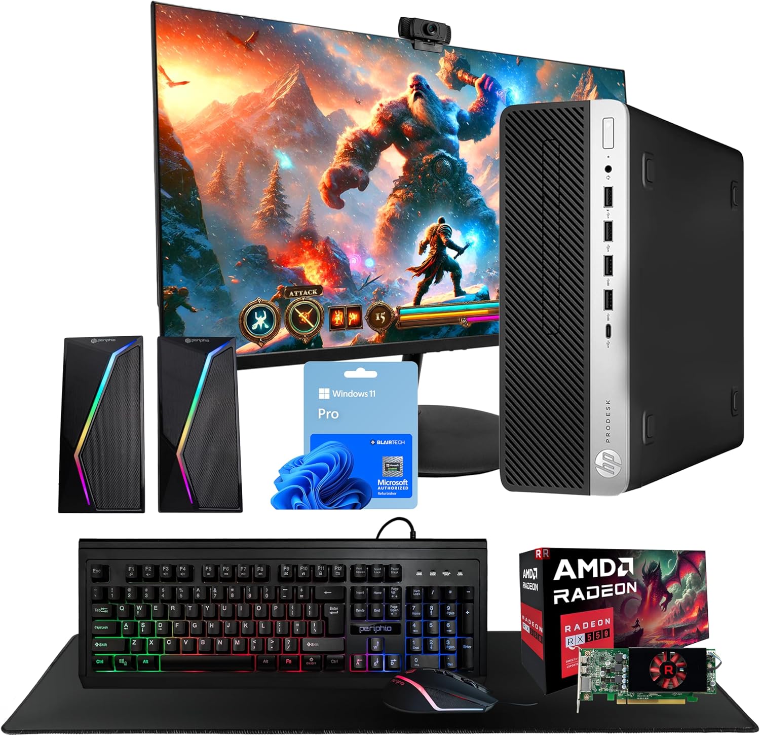 HP 600G4 Gaming Bundle | Intel Core i5-8500 | 16GB RAM | 500GB SSD | Windows 11 Pro | AX200 WiFi+Bluetooth | Periphio RGB Keyboard & Mouse | RGB Speakers | 2K Webcam | 24” New HD Monitor (Renewed)