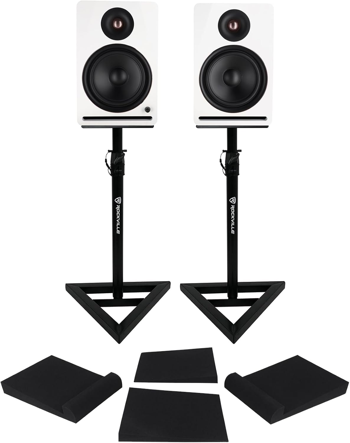 Rockville APM8W V2 Bundle: Pair 8 in 500W Peak 160W RMS Powered Studio Monitor Speakers USB Bluetooth, RVSM1 Adjustable Monitor Stands, RRS263M Isolation Pads, 3 Items