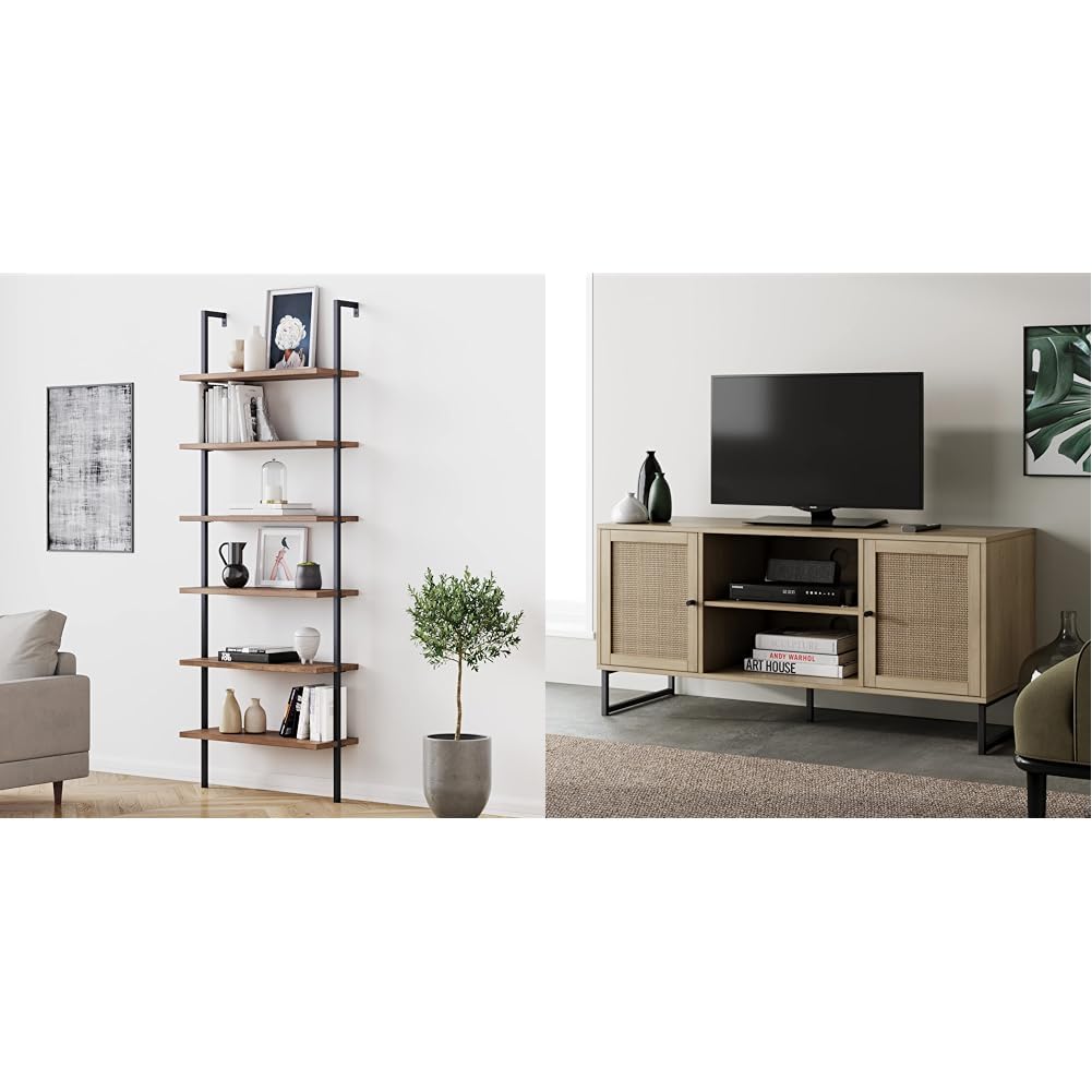 Nathan James Theo 6-Shelf Tall Bookcase, Wall Mount Bookshelf & 74101 Mina Modern TV Stand, Entertainment Cabinet, Media Console