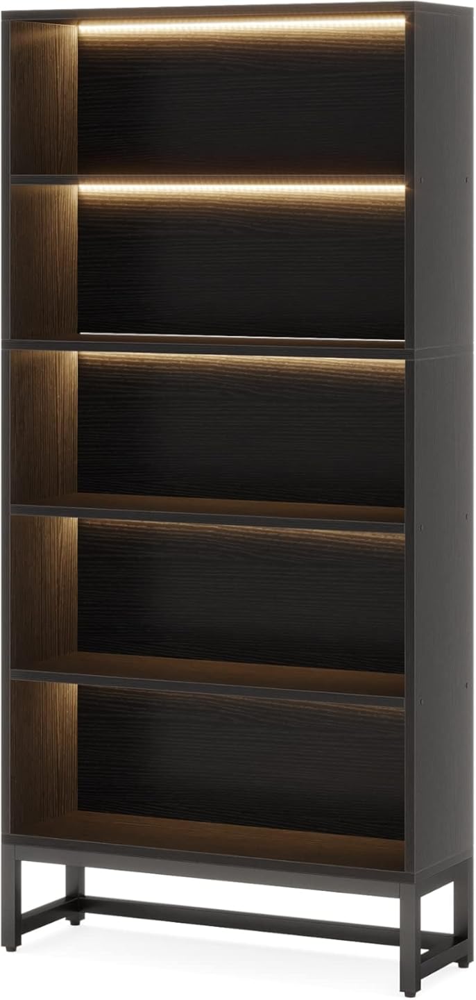Oigavfd Display Case with Lights 5 Tall Bookshelves and Bookcases Heavy Duty Self Standing with LED Lights, 70.8 Inch Wood Bookshelf for Living Rooms, Bedrooms and Offices (Black)