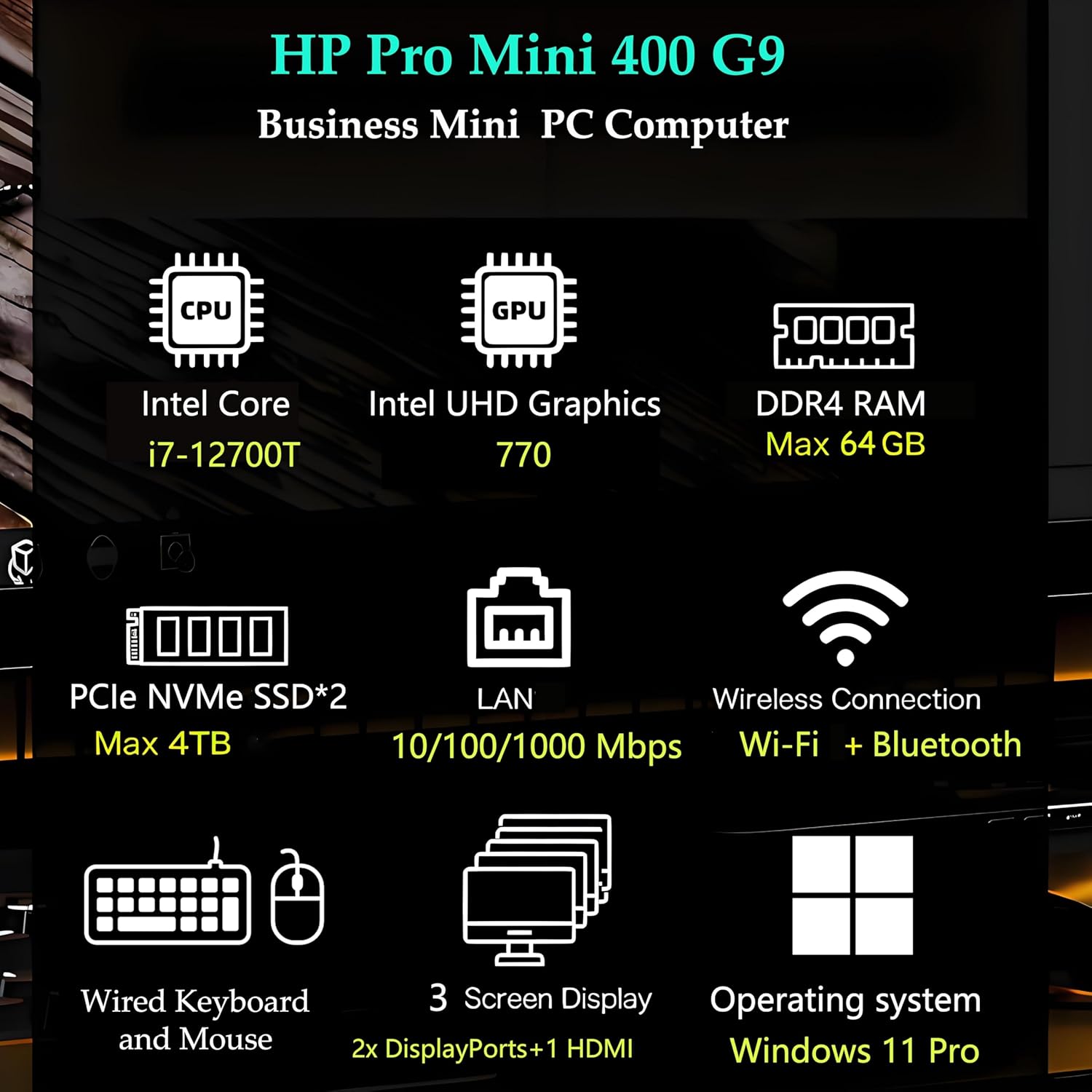 HP Pro Mini 400 Desktop Computer PC with Intel i7-12700T, (12C/20T), 16GB RAM, 1TB SSD, Triple 4K Display (DP 1.4/HDMI 2.1), WiFi and Bluetooth, Windows 11 Pro (with Keyboard & Mouse & Stand), Black