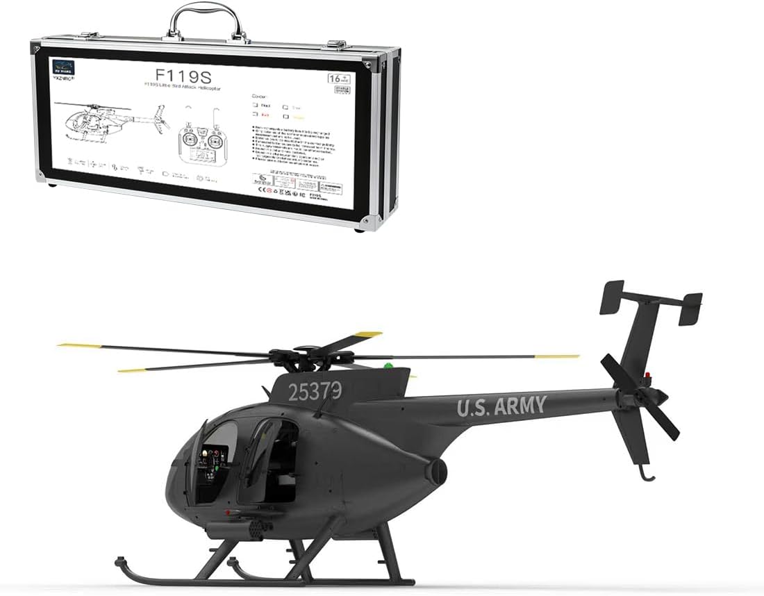 Remote Control Helicopters, F119S MD500 Little Bird RC Helicopter Model, 1/16 2.4G 9CH Flybarless Military Helicopter with GPS, 6G/3D Modes, LED Lights, and Openable Cockpit, RC Aircraft for Adults