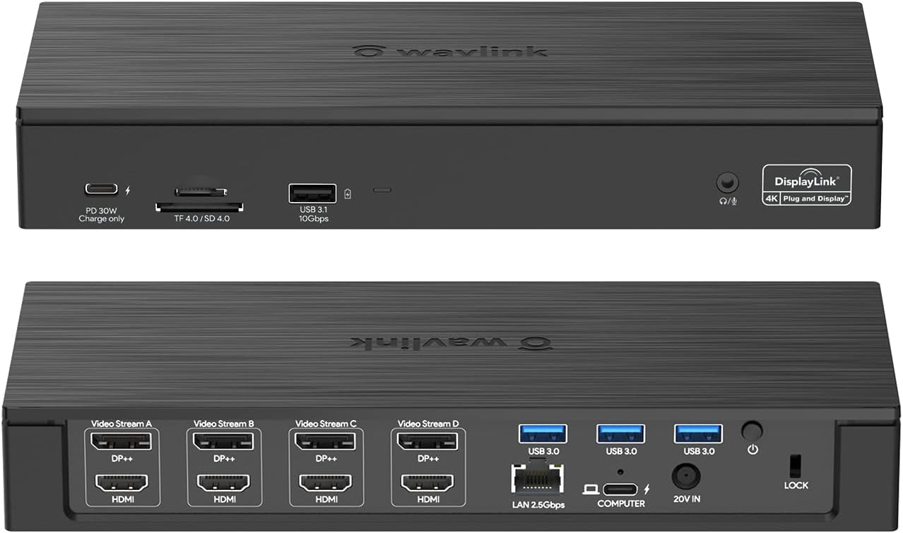 WAVLINK DisplayLink Laptop Docking Station - Quad Monitor 5K/4K@60Hz, 100W Charging - Thunderbolt 4/3, USB-C/A - M1-M5 Mac/Windows/Chrome/Ubuntu - 4 HDMI, 4 DP, 180W Power, SD 4.0 CR, 2.5Gbps LAN
