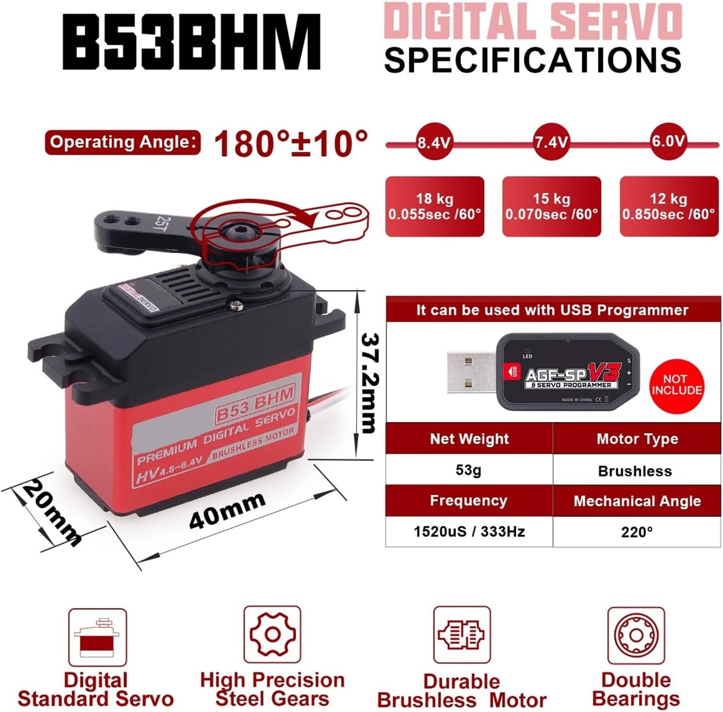 Servo B53BHM 18KG 0.055 sec High Voltage Digital Coreless Standard Brushless Servo(B53BHMx2pcs)