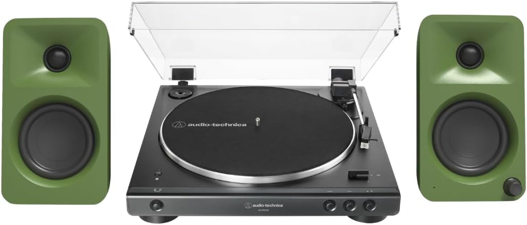 Kanto ORAME 100W Powered Reference Desktop Computer Speakers (Moss) with 60XBT-BK Fully Automatic Belt-Drive Stereo Turntable - Bundle