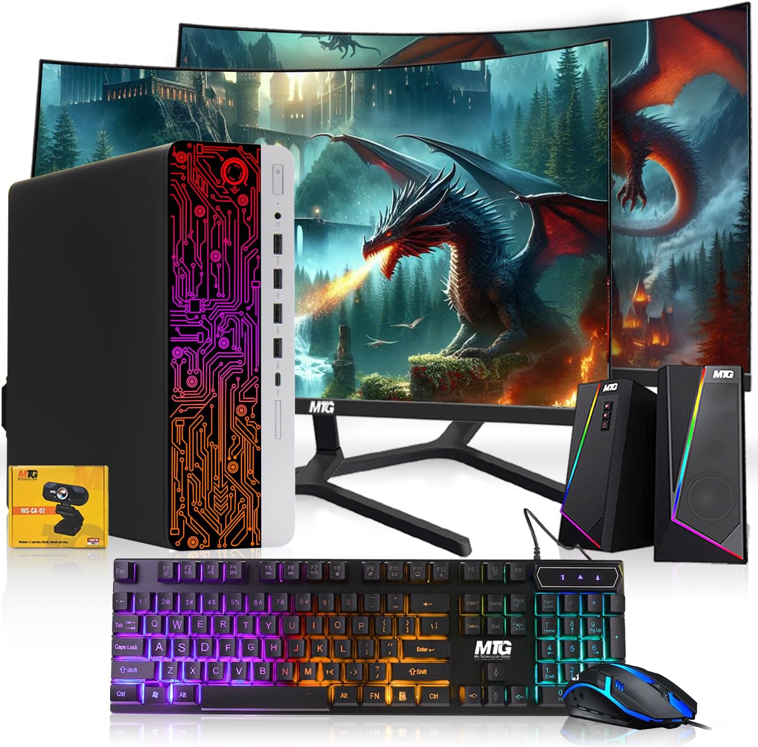TechMagnet G3 Gaming Desktop PC, Intel Core i5 4th Gen, GT 1030 Graphics, 16GB RAM, 1TB SSD | 128GB SSD, 24 Inch Curved Dual Monitor, RGB Keyboard Mouse, Speaker, Webcam, Windows 11 Pro (Renewed)