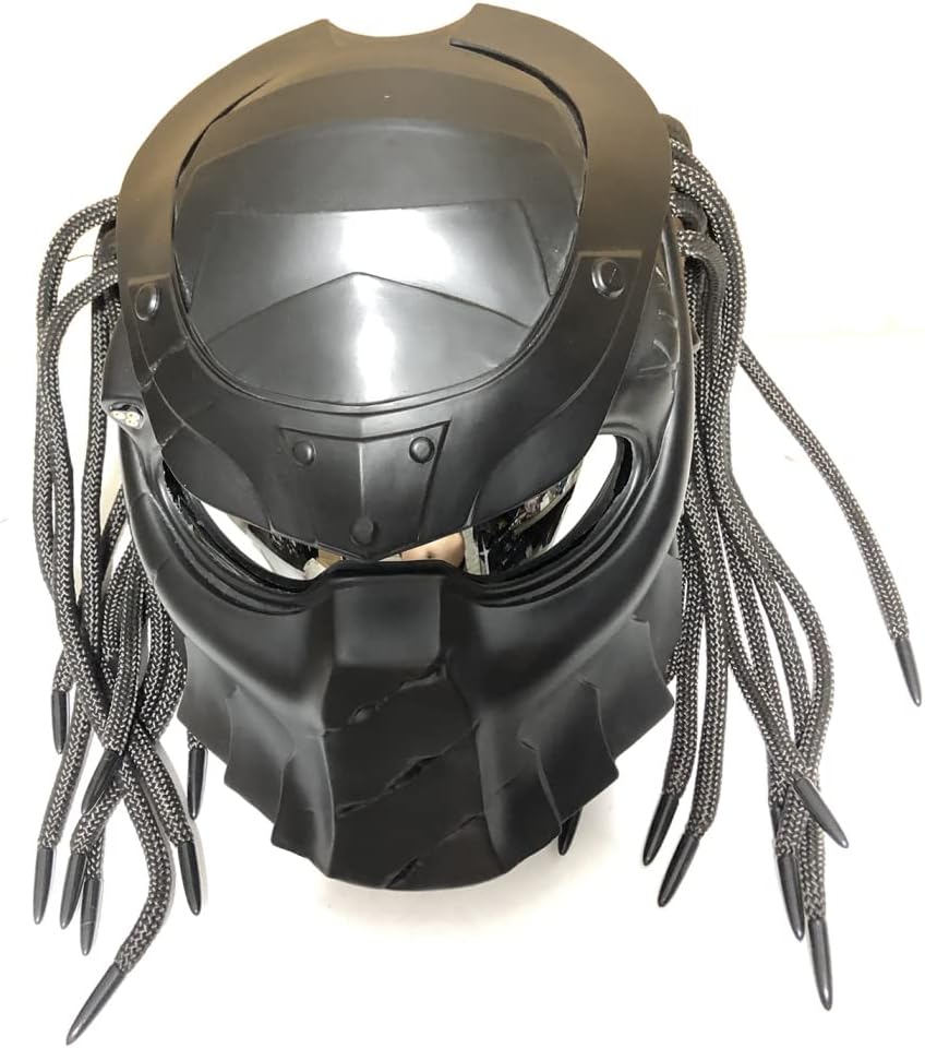 Motorcycle Helmet, Predator Full Face Motorcycle Helmet Mask with Hair Braid and LED Light for Outdoor Riding Or Club Parties, and Cosplay Prop, DOT Certified,E,L