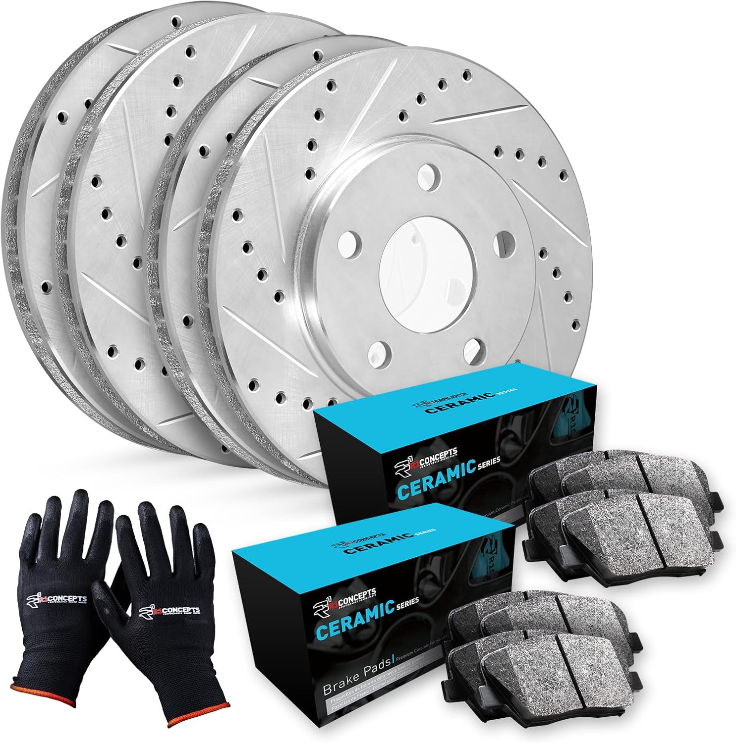 R1 Concepts Front and Rear Brake Kit For 2004 Cadillac XLR, 2008-2009 Cadillac XLR, 1997-2004 Chevrolet Corvette| Drilled Slotted Brake Rotors| Ceramic Brake Pads and Rotors Kit