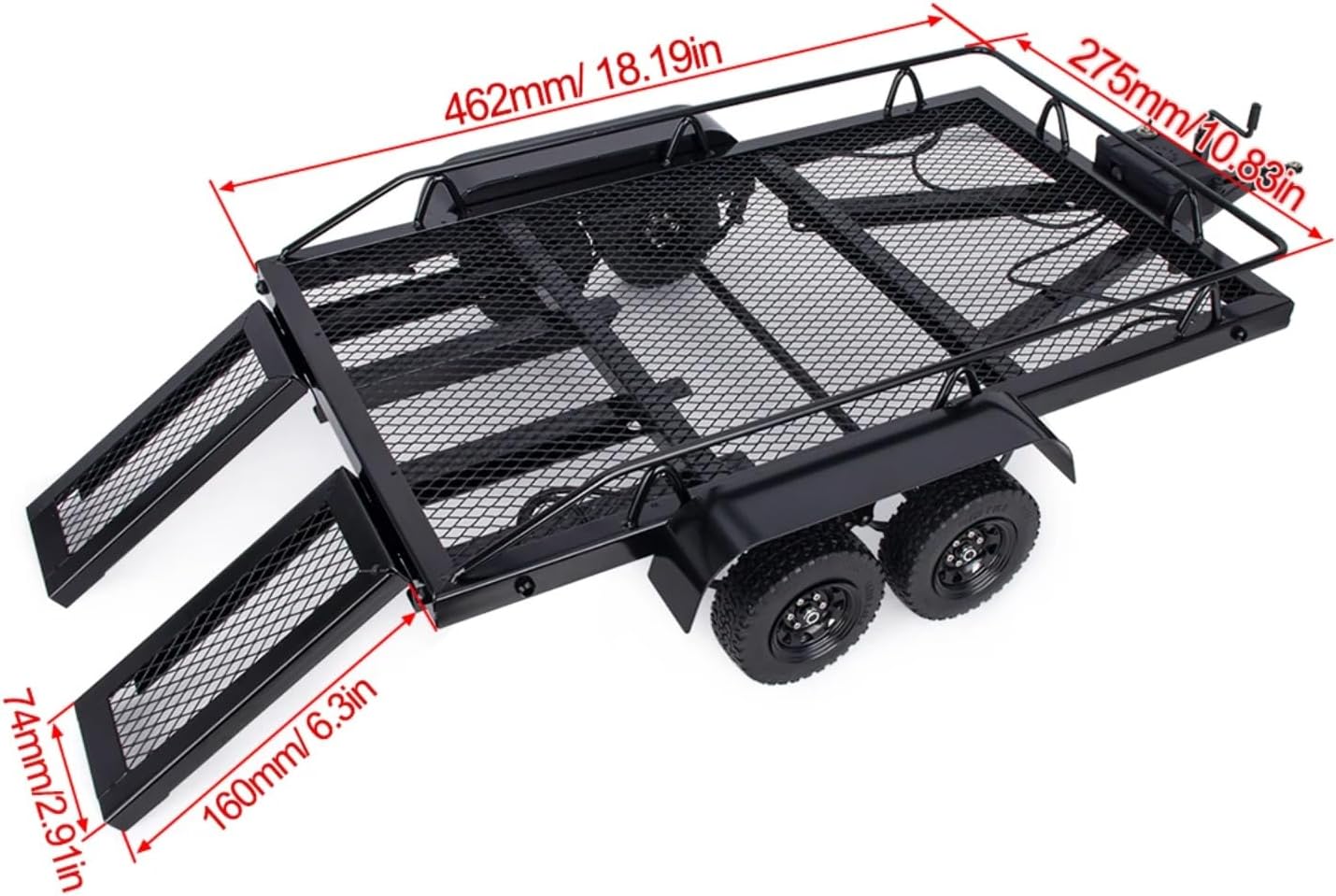 RC Upgrade Accessories for Axial for SCX10 for TRX4 for TRX6 D90 1/10 Double Axle with Light Metal Trailer Bucket Flat Plate Large Trailer RC for Rock Crawler