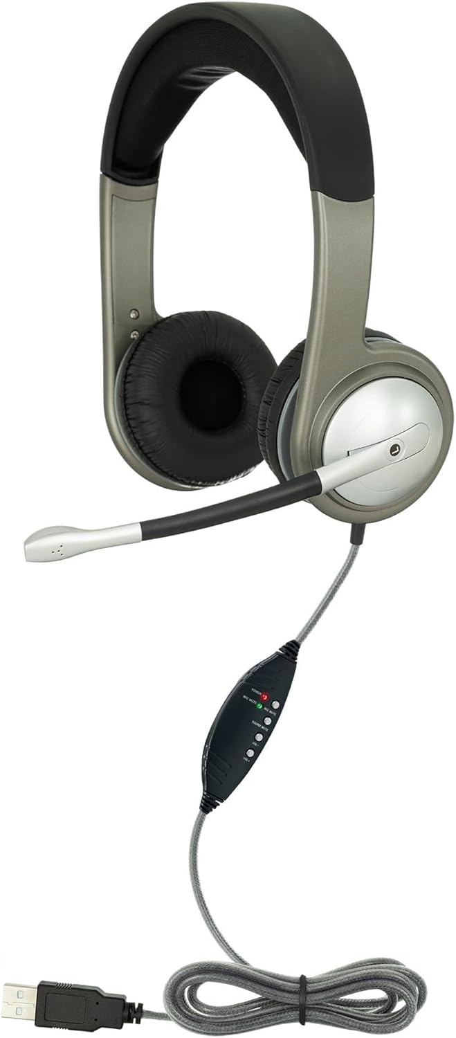 Egghead® Deluxe Multimedia USB Headset with Leatherette Ear Cushions, Adjustable Padded Headband, 360° Pivoting Earcups, Flexible Uni-Directional Microphone and USB Plug, Pack of 10