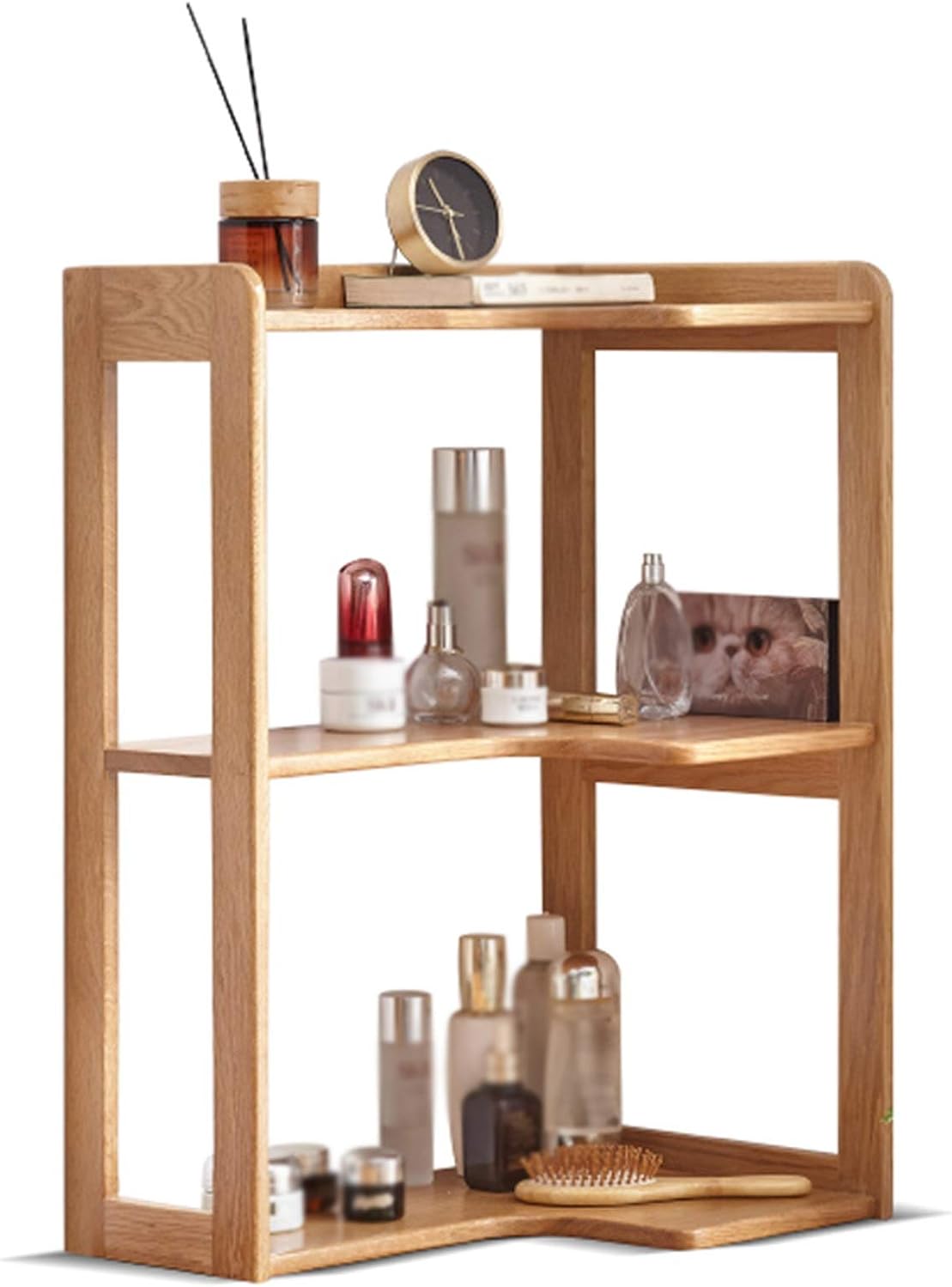 NEWCES Bookcase 3-Tier Desktop Bookshelf Counter Top Bookcase Natural Oak Multifunction Desk Corner Storage Organizer Display Shelf Rack for Office Supplies Kitchen Bathroom Makeup Bookcase Deco