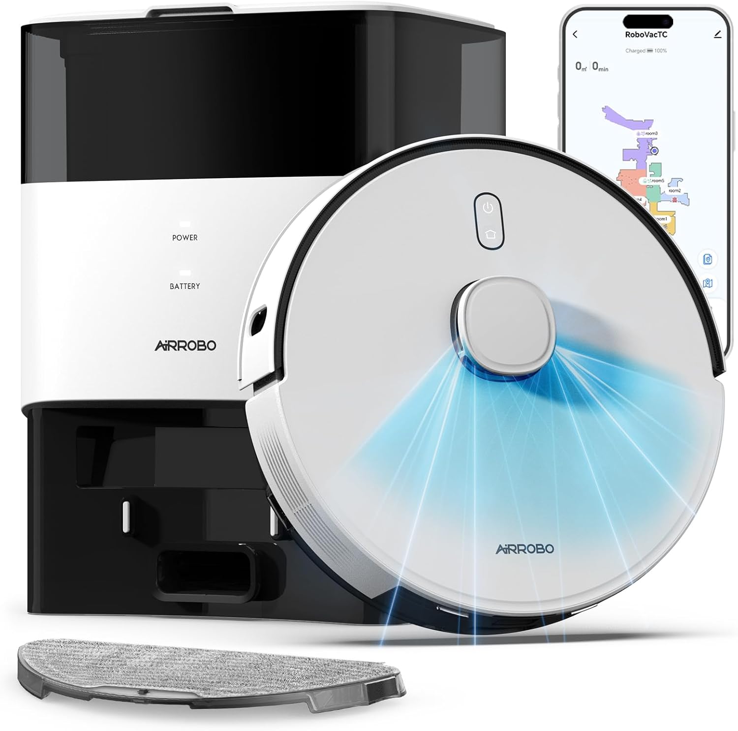 AIRROBO Robot Vacuum and Mop, 60-Day Self-Emptying, 6000PA Suction, Tangle-Free Brush for Pet Hair, Carpet Detection, LiDAR Navigation, APP ＆ Voice Control, White