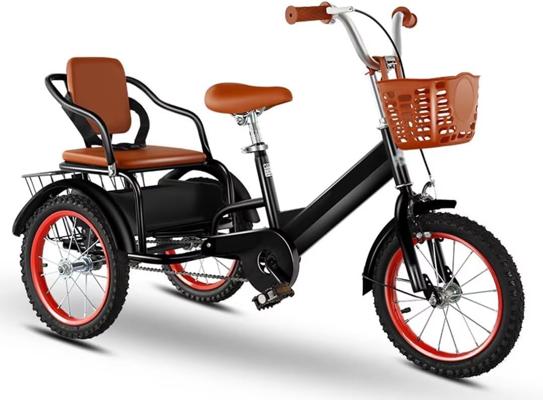 Kids Outdoor Bikes with Passenger seat,3 Wheel Bike with Front and Rear Basket,Large Pedal tricycles,Tandem Bicycle,Ride-on trikes (Black 18 in)
