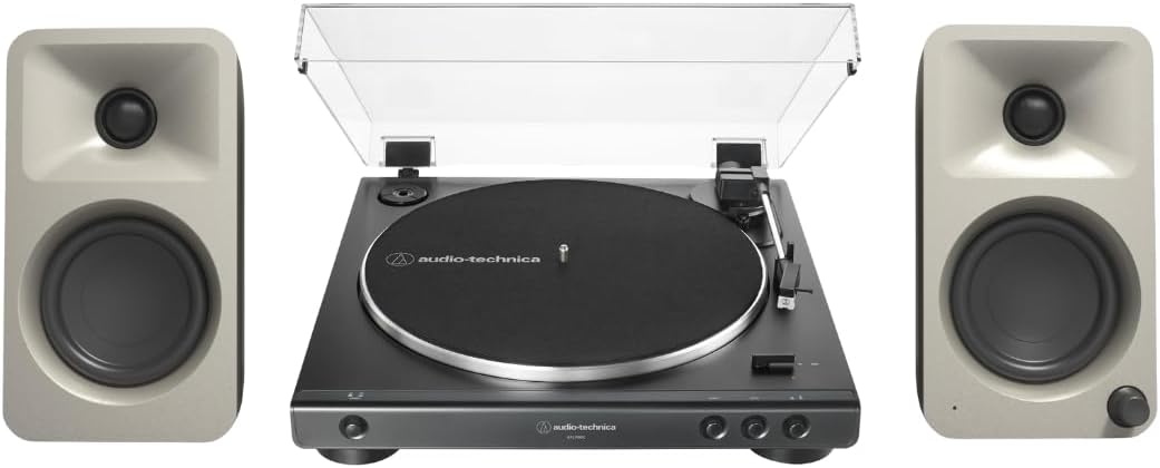 Kanto ORAME 100W Powered Reference Desktop Computer Speakers (Moon) with 60X-BK Fully Automatic Belt-Drive Stereo Turntable - Bundle