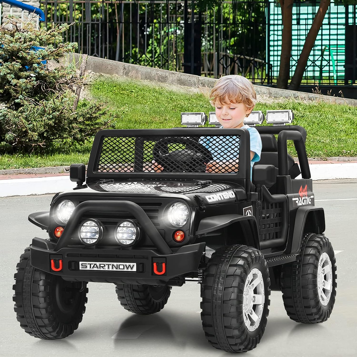 OLAKIDS Kids Ride on Truck, 2 Seater 12V Electric Vehicle with Remote Control, Toddler Battery Powered Toy Car with 2 Speeds Rocking Function Spring Suspension Bluetooth USB AUX Music