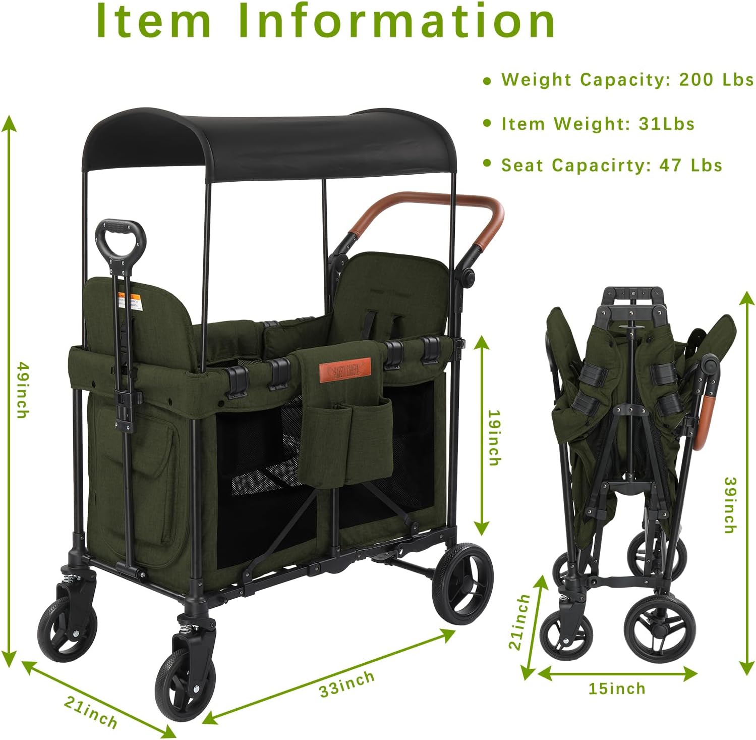 Stroller Wagon for 2 Kids, Baby Wagon Stroller for 2 Seaters, All-Terrain Kids Wagon with Canopy, Parent Organizer, Adjustable Handle & Pull Bar for Infants and Toddlers (Green)
