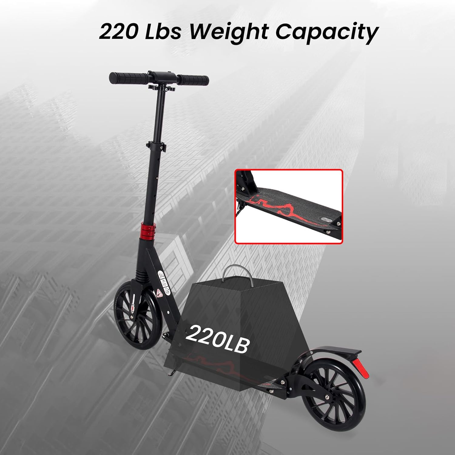 Scooter for Adults and Teens,Scooter for Kids Ages 8-12,with One-Kick Open Mechanism, Rear Brake, Height Adjustable Handlebar, Big Wheels, Shock Absorber,220Lb Weight Capacity,White