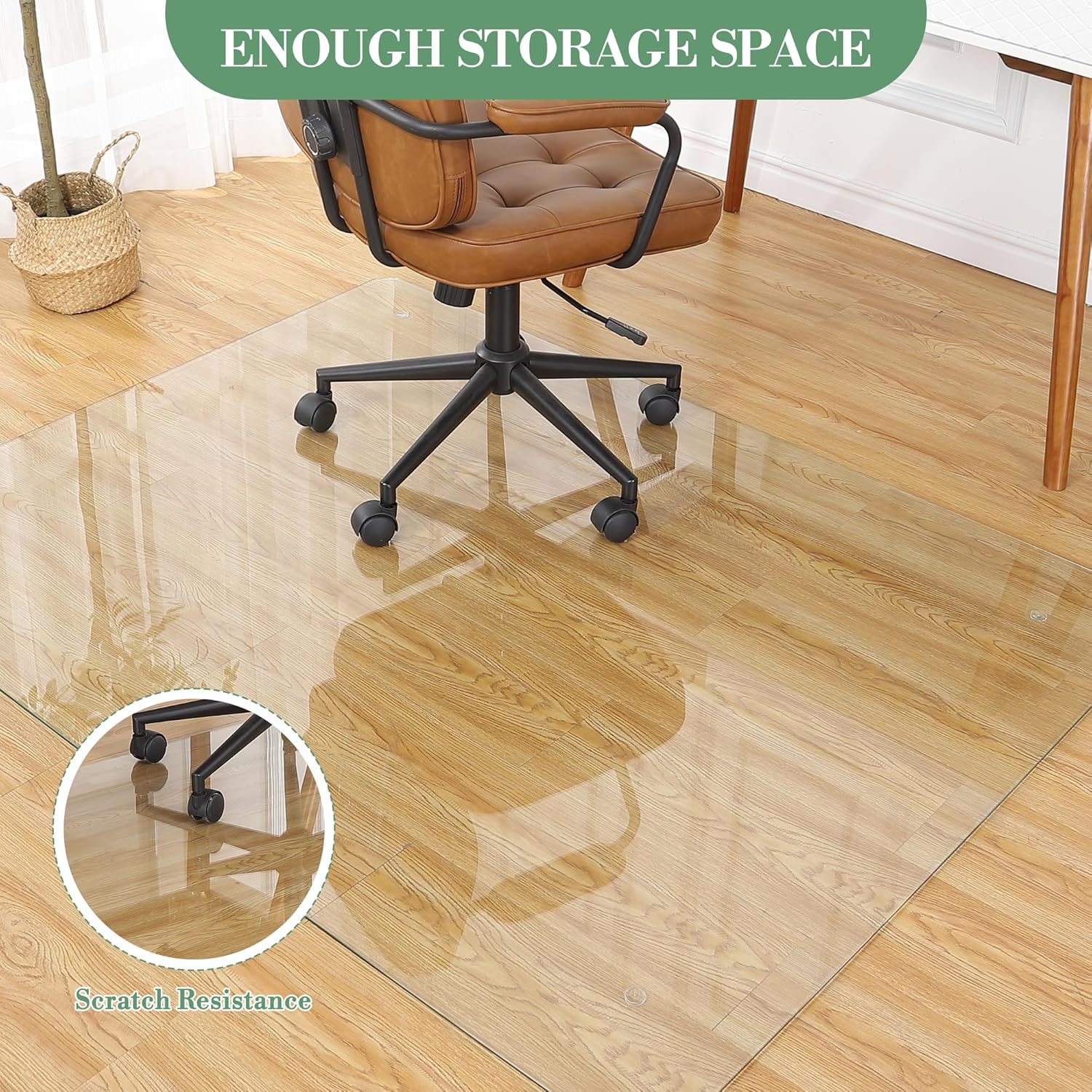 60x46 Inches Tempered Glass Office Chair Mat, 0.2 Inch Thick, 1000 Lbs Capacity, Transparent Floor Mat with Round Corner and Polished Edges, Rolling Computer Chair Mat for Office