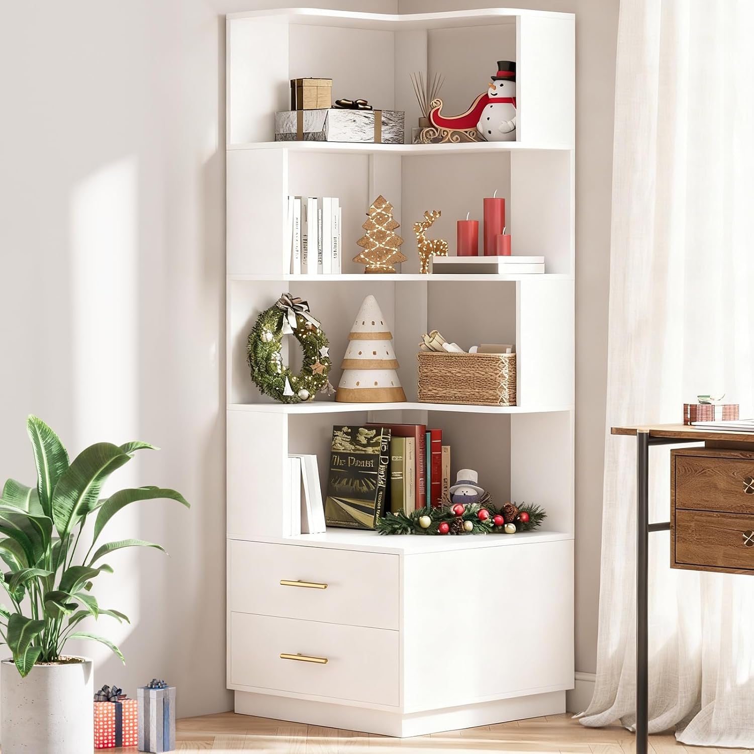 ALWXIA Corner Bookshelf with Drawers, 5 Tier Corner Bookcase with Storage, 66.9