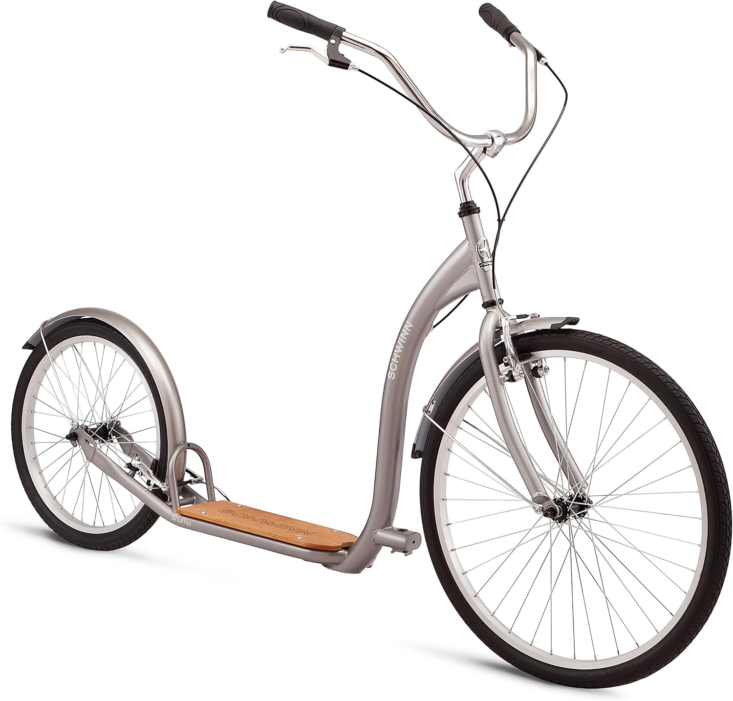 Schwinn Shuffle or Shuffle Deluxe Adult Kick Scooter, 26 Inch Front Wheel & 20 Inch Rear Wheel, Smooth Ride, Durable Steel Frame, Fenders, Front & Rear Linear Pull Brakes, Two Wheel Scooter for Adults