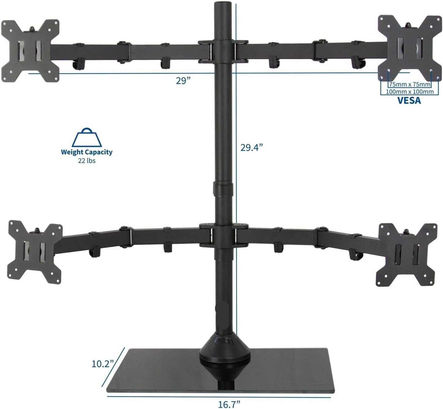 Quad Monitor Desktop Stand Independent Glass Stand | Quad Monitor Desktop Stand 4 Screens up to 27 inches