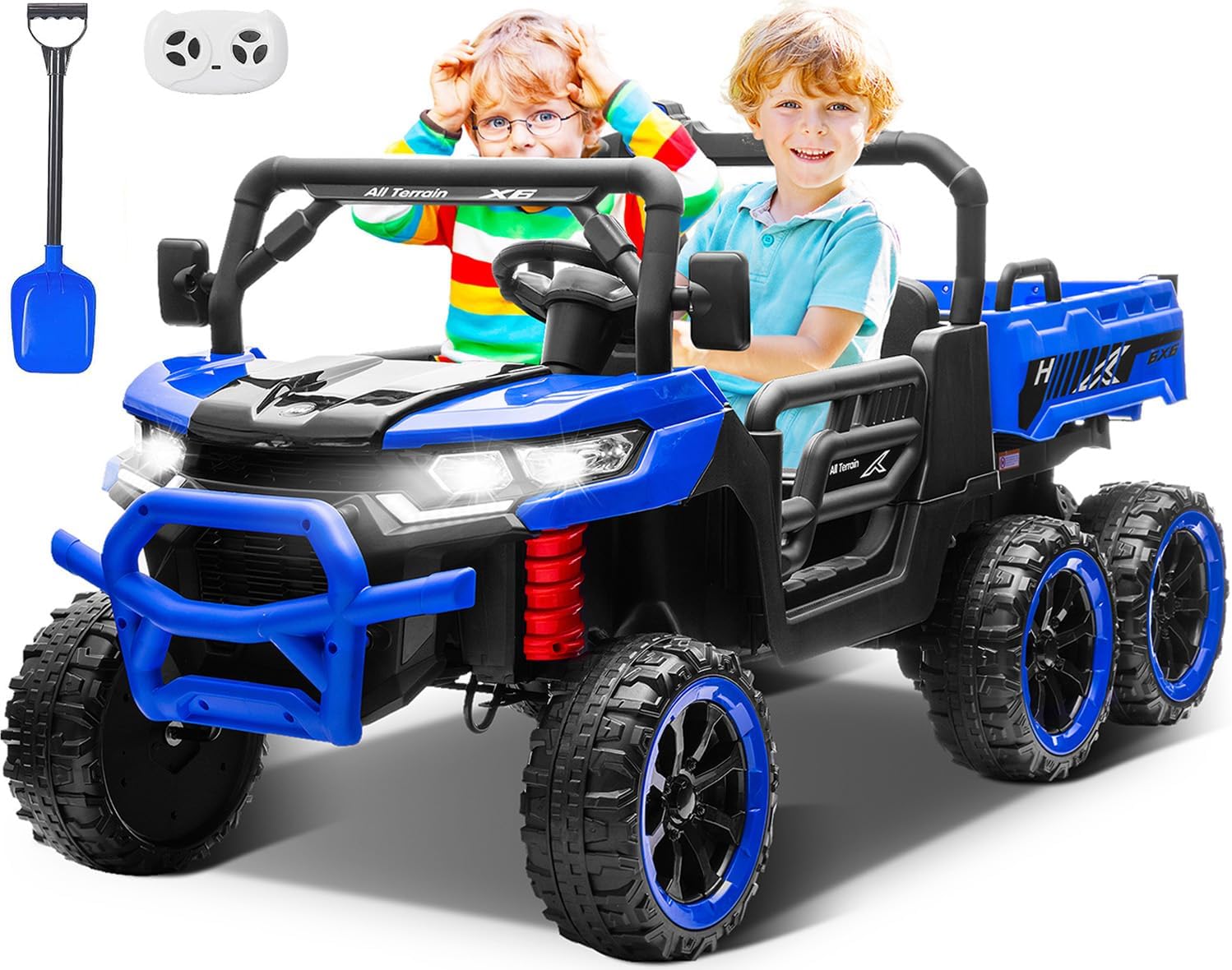 24V 2-Seater Ride on Dump Truck, 4WD 6-Wheel Kids Ride on Car Toys w/Remote Control, Electric Dump Bed, Toy Shovel, LED Lights and Music, 24V Ride on Toys for Big Kids Boys Girls (Blue)