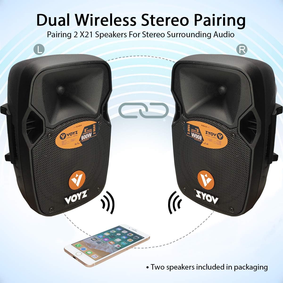 VOYZ True Wireless Bluetooth Speaker Active PA System - 8-Inch 600 Watt 2-Way with FM USB/SD Readers and Remote Control - Dual Pairing Capability - Side Handles for Easy Transportation (2 Pack)