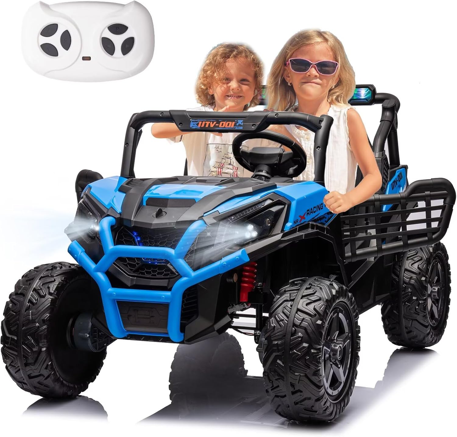 24V 4WD Kids Ride on Car for Kid w/Remote Control, 2 Seater Ride on Truck UTV 4X4 Off-Road Ride on Buggy for Side by Side Battery Powered Electric Vehicle w/LED Lights, Music, Bluetooth