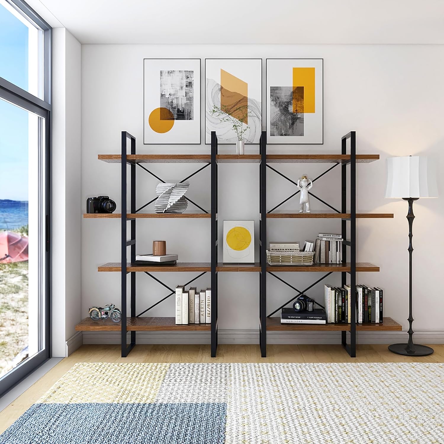 DAVEE Large Double bookcases with 8 Walnut Wood Shelves for Living Room - 82.68X11.34X56.69 inches