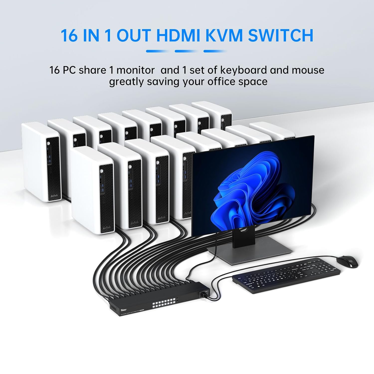 16 Port KVM Switch HDMI, 4K@30Hz HDMI Rack Mount KVM Switch w/ 16 Pcs KVM Cables, Support 4 USB 2.0 Devices & HDCP 2.2 & Remote Control for 16 Computers/Servers