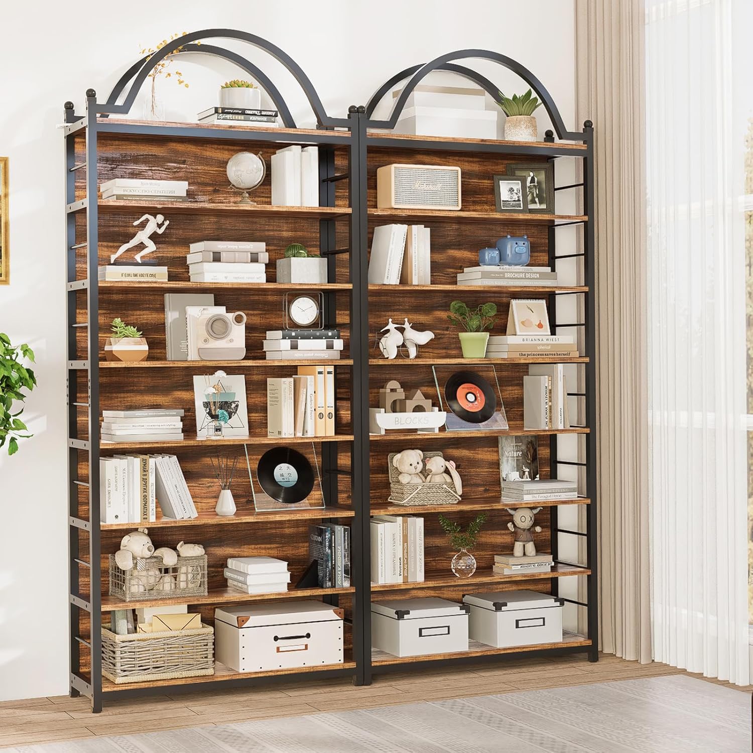 FUXJUM 8 Tier Bookshelf 78.7 Inches Industrial Bookshelves Media CD/DCD Audio Storage Shelf Display Bookcase for Home Office, Living Room, Bed Room (Set of 2)