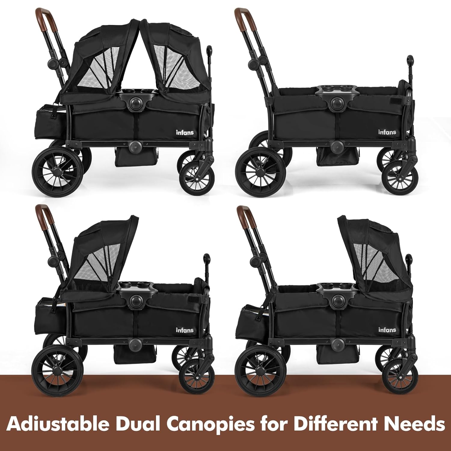 INFANS Wagon Stroller for 2 Kids, Collapsible Adjustable Push Pull Handle Bar, 2 Seater Stroller Wagon with Removable Canopy Snack Tray, Comfortable Drop-Down footwell and Upholstered Seats