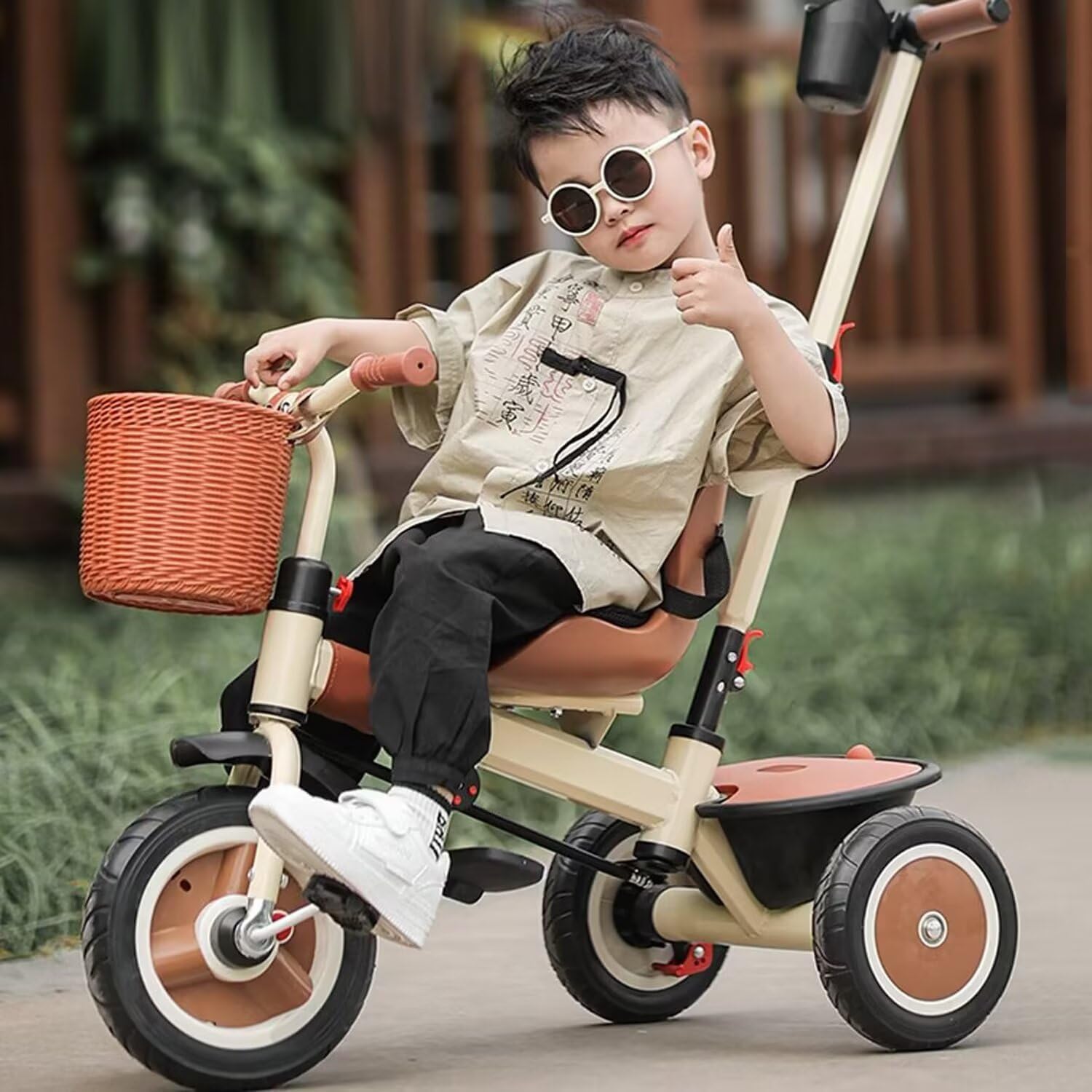 Stroller Trike with Push Handle,Ride-on tricycles with Pedals,Adjustable seat with Belt,Rubber Wheels,Front Wheel with Clutch,Rear Wheel with Dual Foot Brakes, Khaki