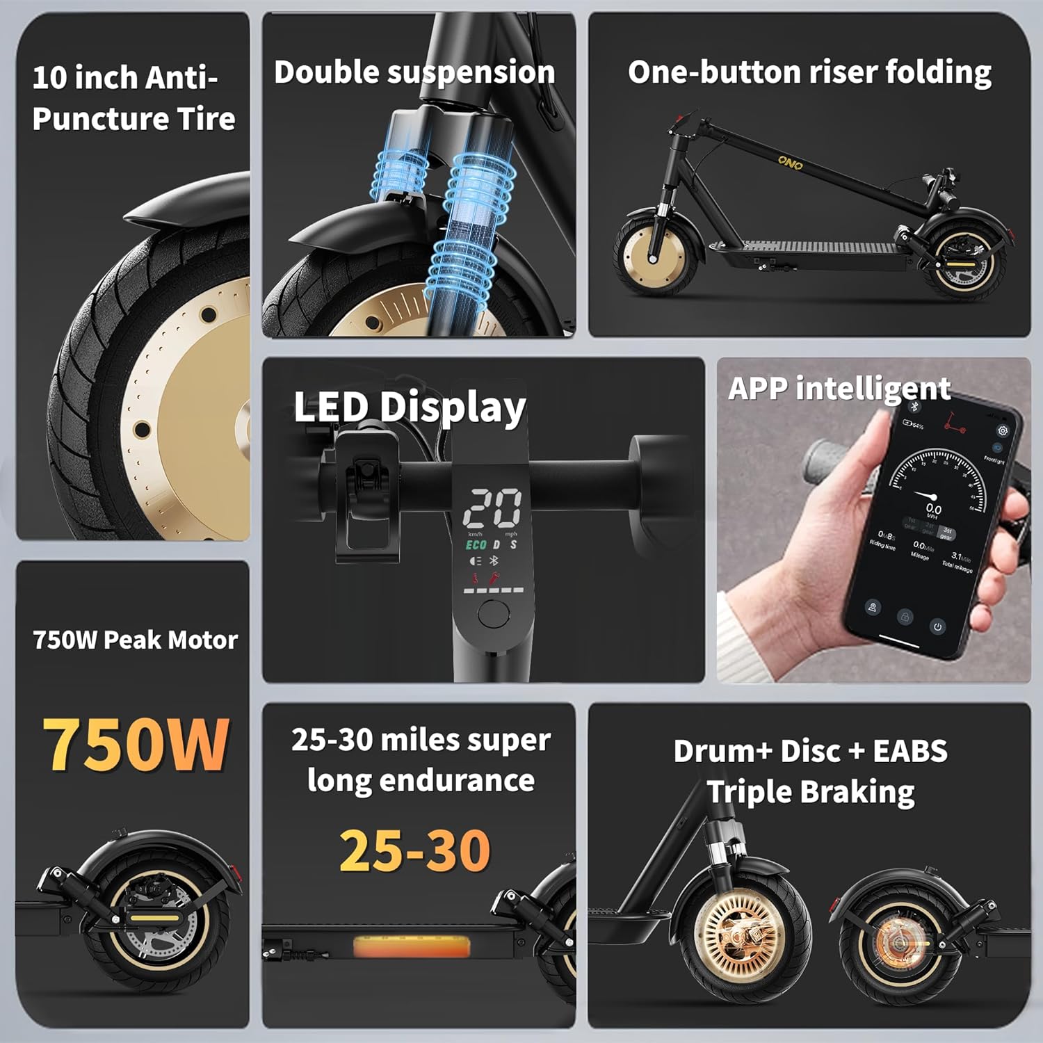 Electric Scooter, 10'' Soild Tires, 750W Motor, Dual Suspension, 21 MPH Top Speed, 25-30 Miles Long Range, Dual Braking, Max Load 264 lbs, Folding, Commuting, E Scooter for Adults Teens
