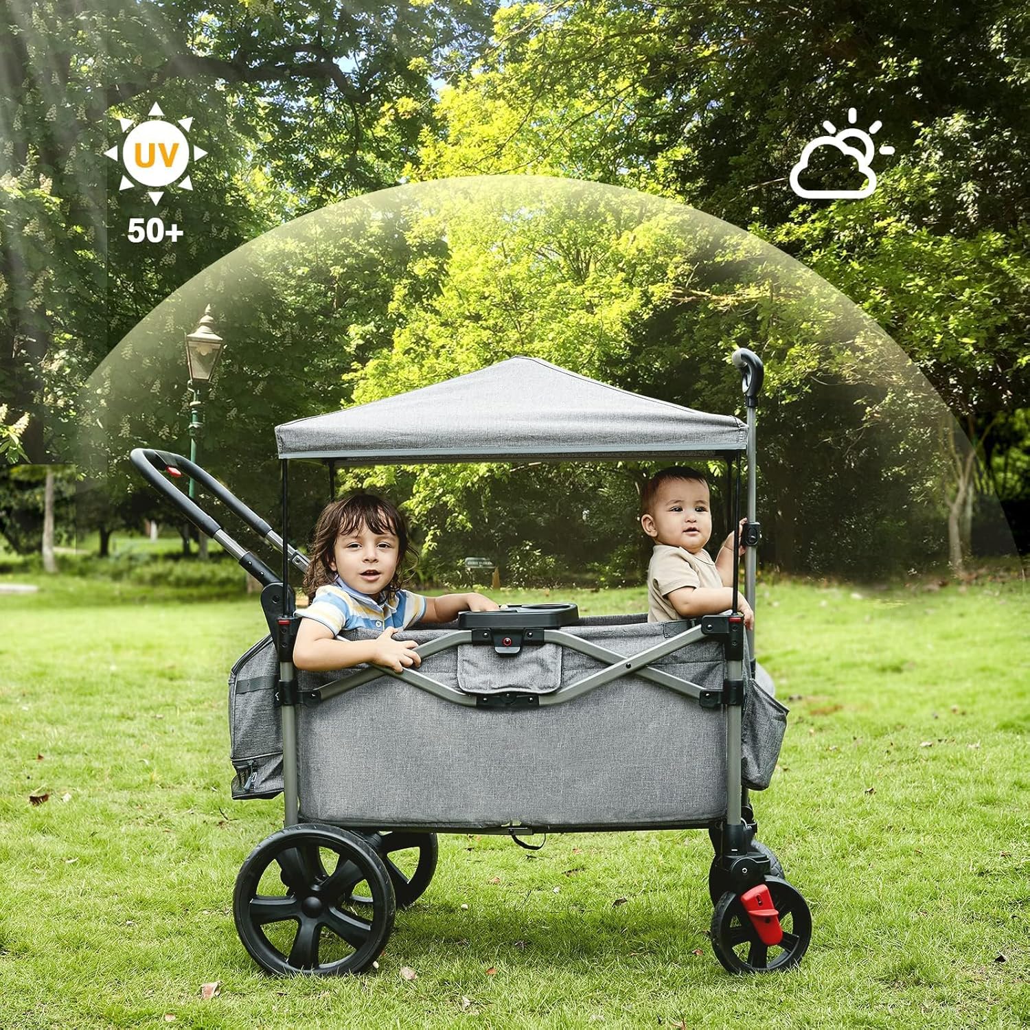 EVER ADVANCED Foldable Wagons for Two Kids & Cargo, Collapsible Folding Stroller with Adjustable Handle Bar,Removable Canopy with 5-Point Harness Gray