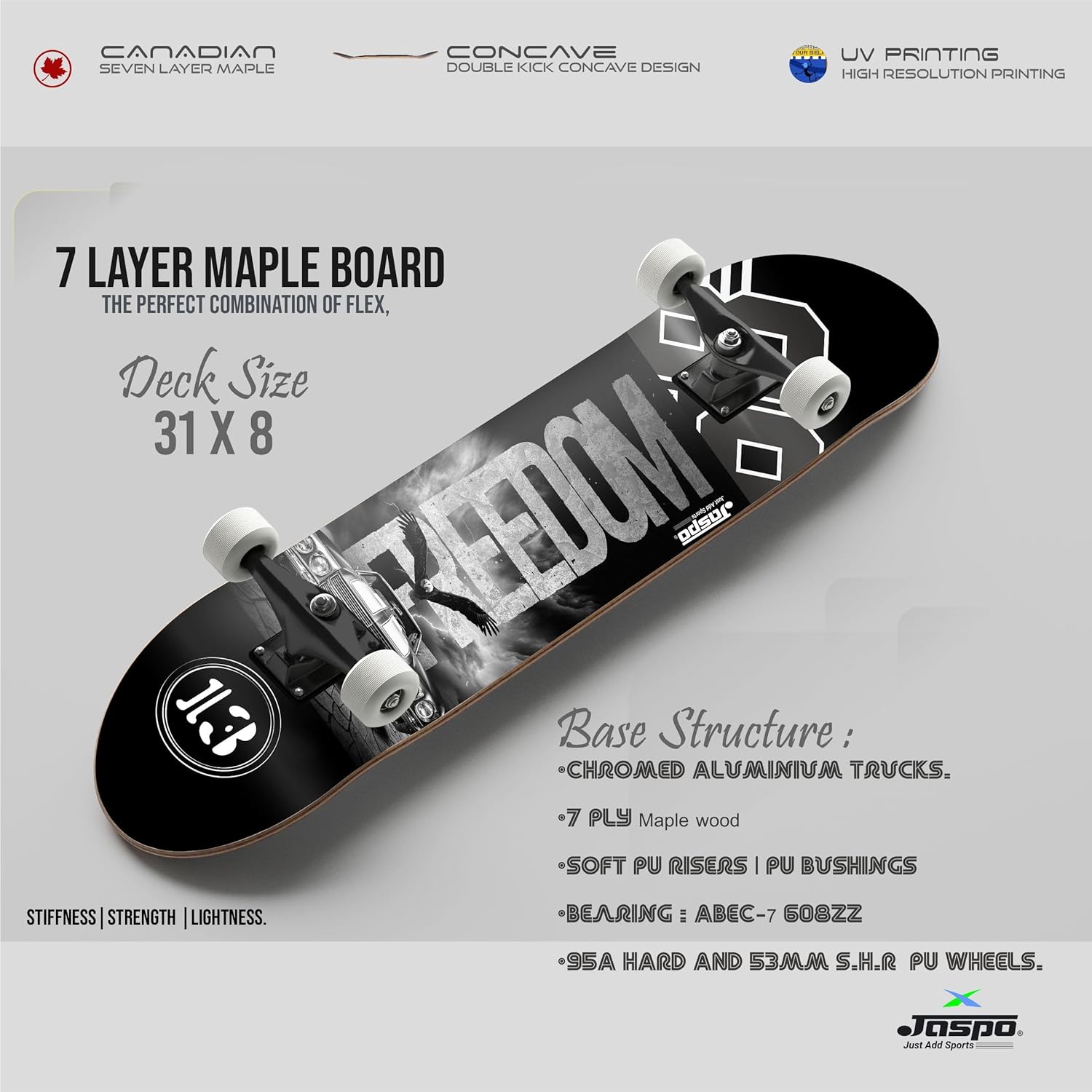 Jaspo Street King Skateboard for Adults & Kids - 7-Layer Canadian Maple Wood Deck, 31