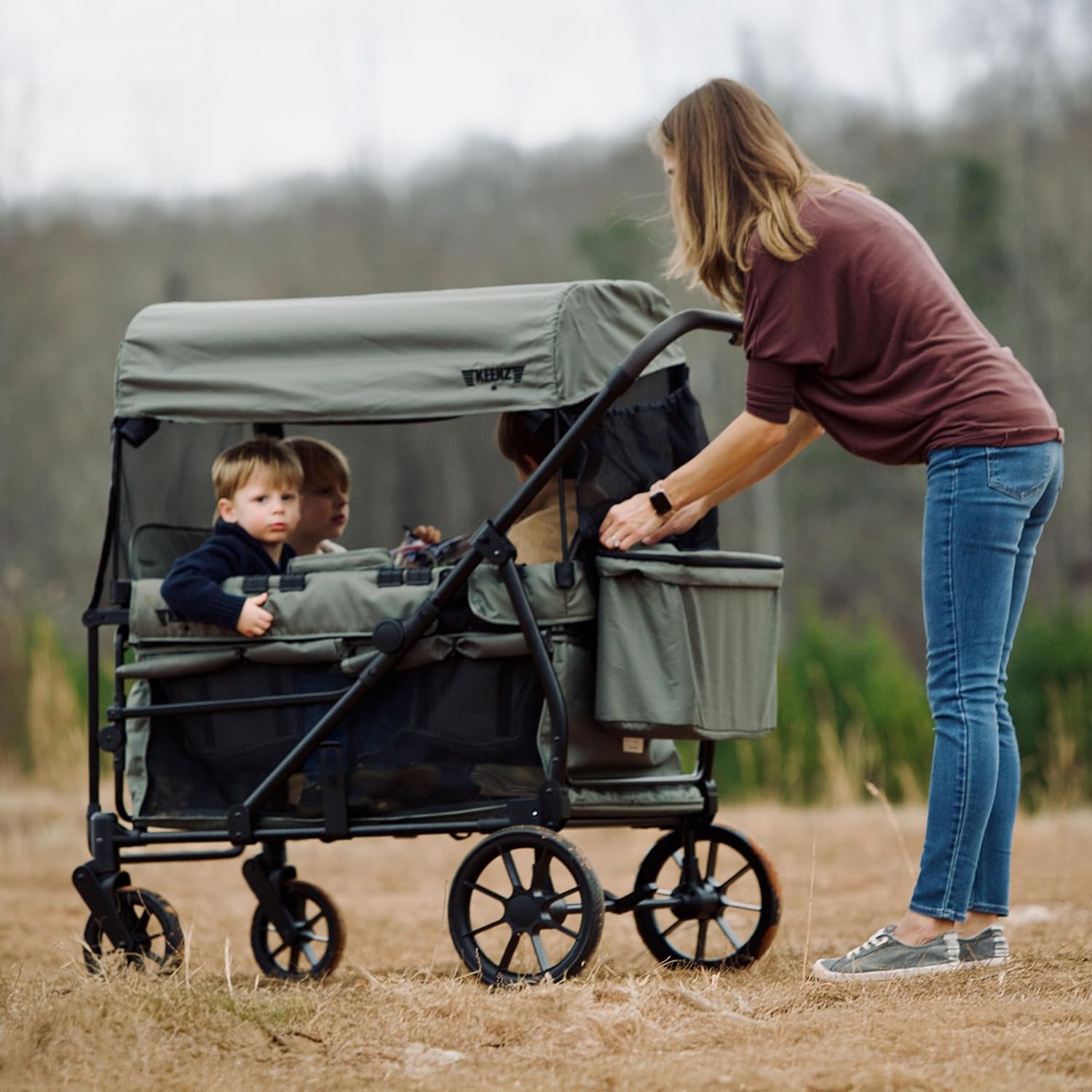 Keenz Viva 4-Passenger Compact Stroller Wagon for Kids with Foldable Frame, Push/Pull Handle, EVA Wheels, and Mosquito Net Canopy – Lightweight Wagon for Families, Green