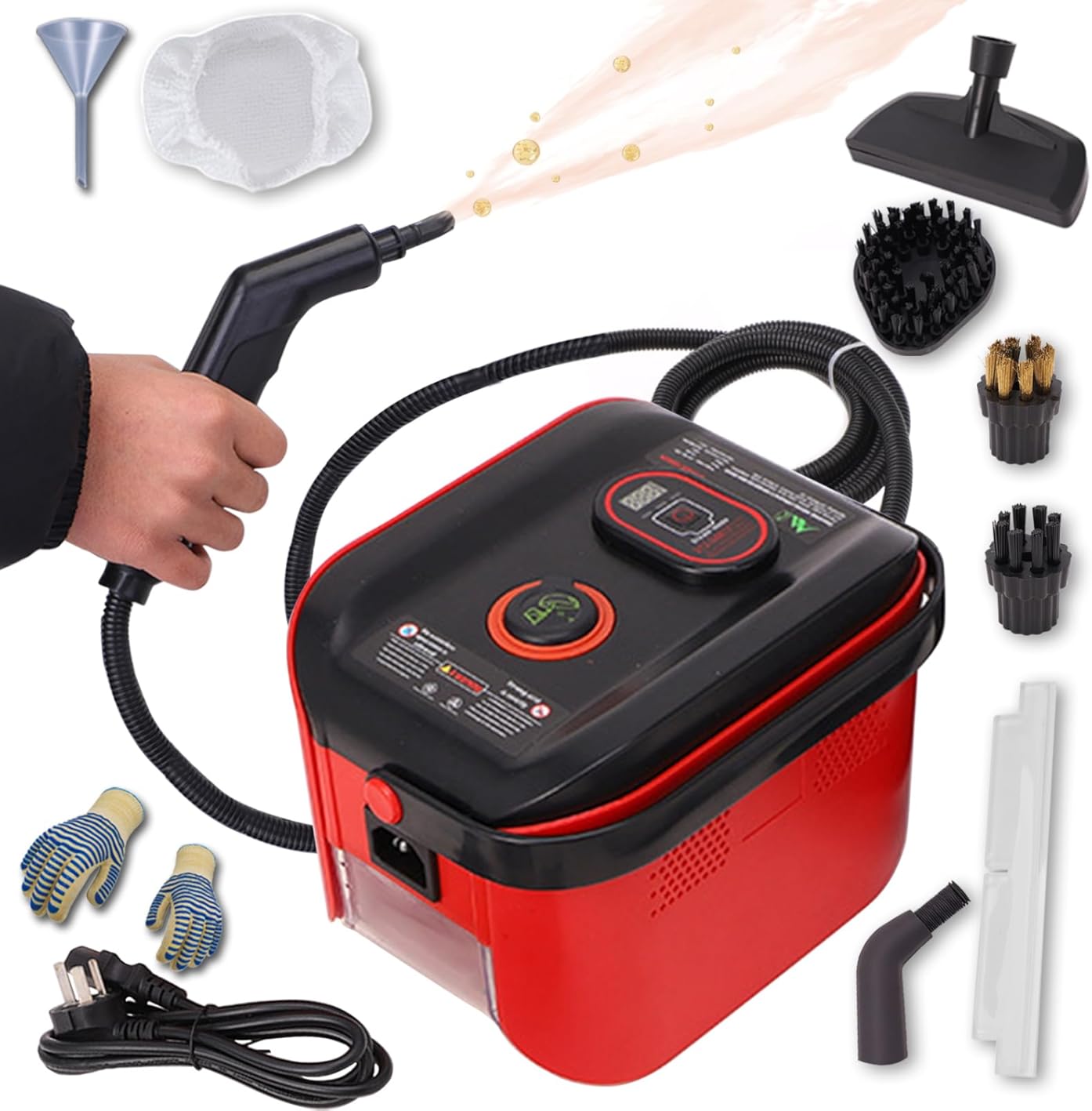 Steam Cleaner, 1500W Powerful Multipurpose Power Steamer, Heavy Duty Canister Steamer, 13s Heat-Up, 1.2L Tank, 3-Level Adjustable Handle with Accessories for Home, Car, Dirt (Red)