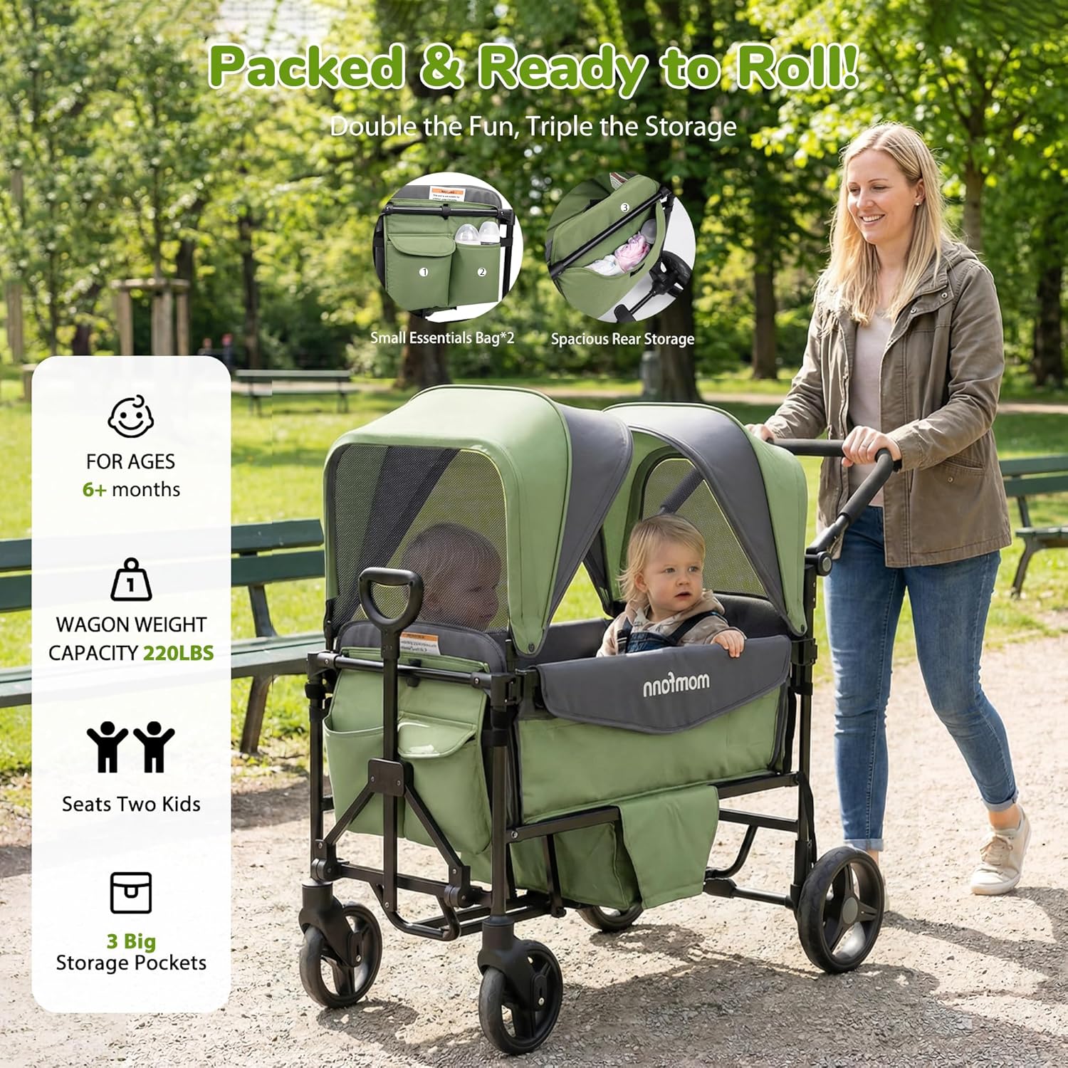 Stroller Wagon for 2 Kids, All-Terrain Foldable Kids Wagon with Sun Canopy, Adjustable Push & Pull Handles, 5-Point Safety Harness, Parent Organizer for Travel, Park & Outdoor Use – Green