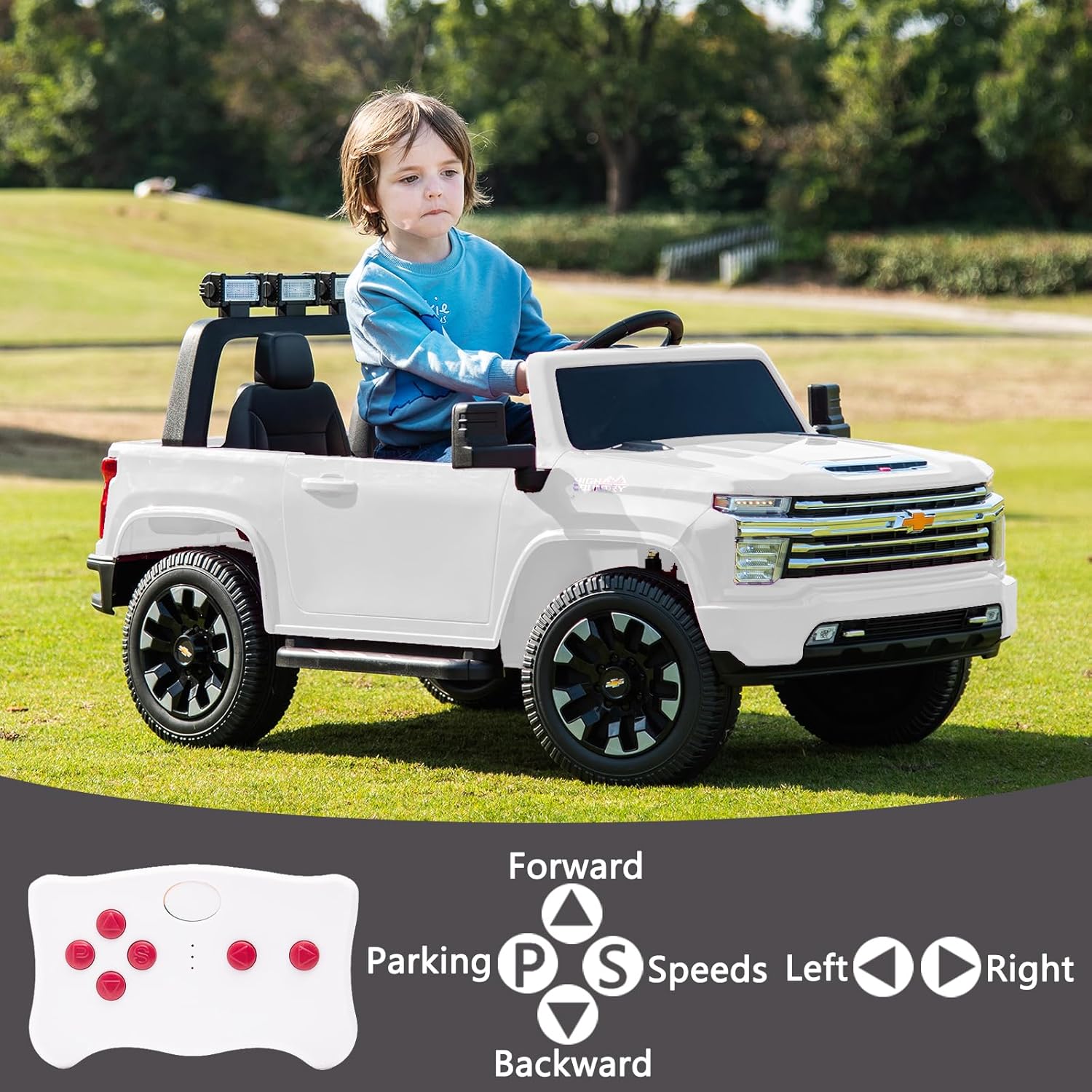 sopbost 24V Ride On Car with Remote Control, Licensed Chevy Ride On Truck for Kids, 2 Seater Battery Powered Ride On Toy, 4x4 Electric Vehicle with EVA Tires Wheels, Bluetooth (White)