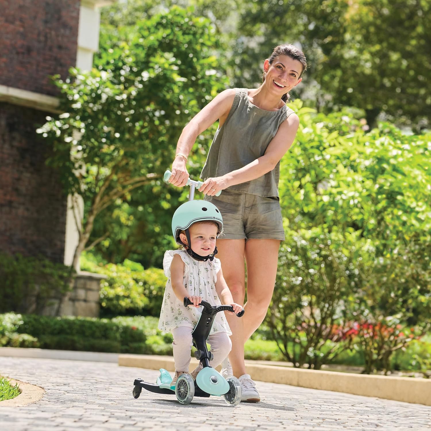 Globber - GO•UP Active Lights 360 - Evolutionary Scooter with 360° Rotating Seat, Footrest, LED Lights and 3 Wheels, for Children from 15 Months to 6 Years - Aqua Blue