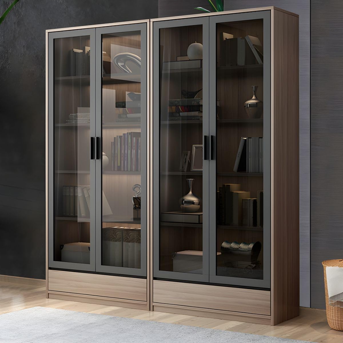 KWOKING Modern Wooden Bookcase Glass Doors Closed Storage Bookshelf Bookcase Bookshelf with Glass Door Locker Shelf Free Combination Floor Display Cabinet Shelf Natural 63