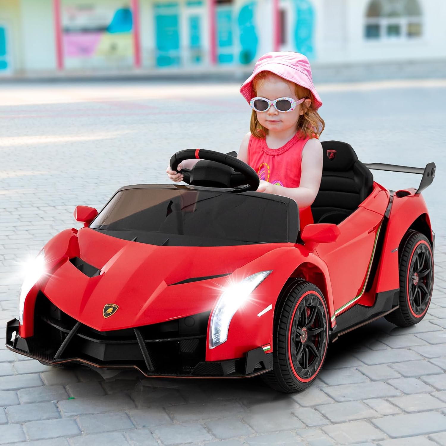 OLAKIDS 2 Seater Kids Ride On Car, 12V 4WD Licensed Lamborghini Veneno Electric Vehicle with Remote Control, Toddlers Battery Powered Toy Gift with 2 Speeds, Rocking Mode, Music, USB, MP3 (Red)