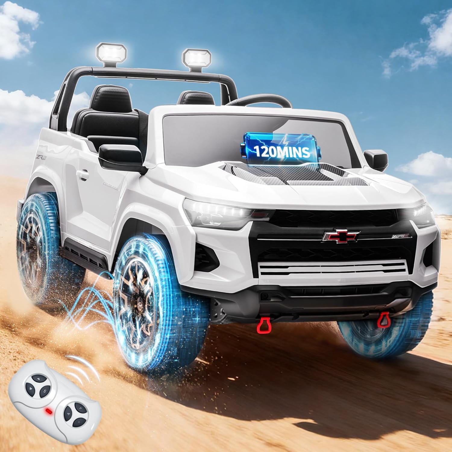 24V Ride On Car for Toddlers and Kids, Licensed Chevrolet Colorado ZR2 2-Seater Electric Truck with Remote Control, 4WD Battery Power Wheels Vehicle, LED Lights, Bluetooth, 200 lbs Load