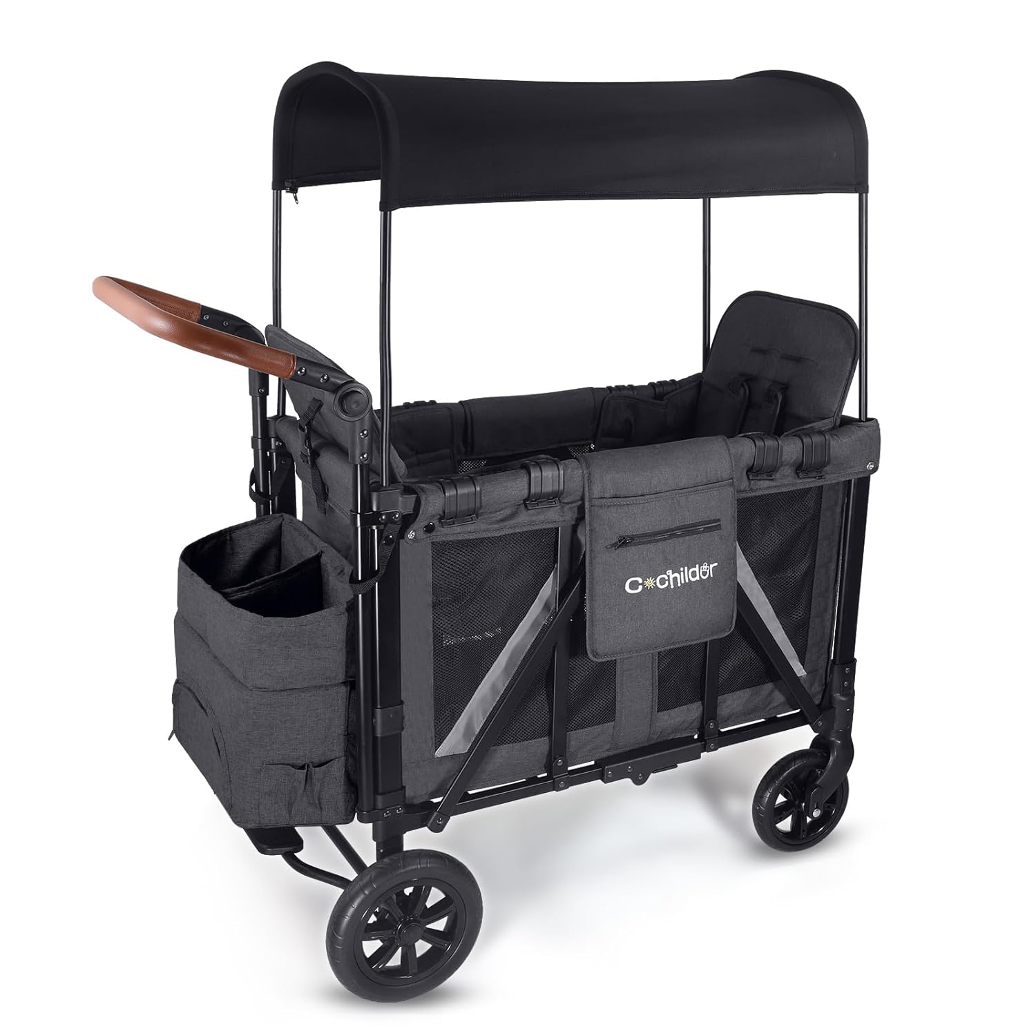 Elite 2 Seater Wagon Stroller for Kids, Foldable Stroller Wagon with Removable Seats & Canopy, 5-Point Safety Harness, Adjustable Handle, Dark Gray