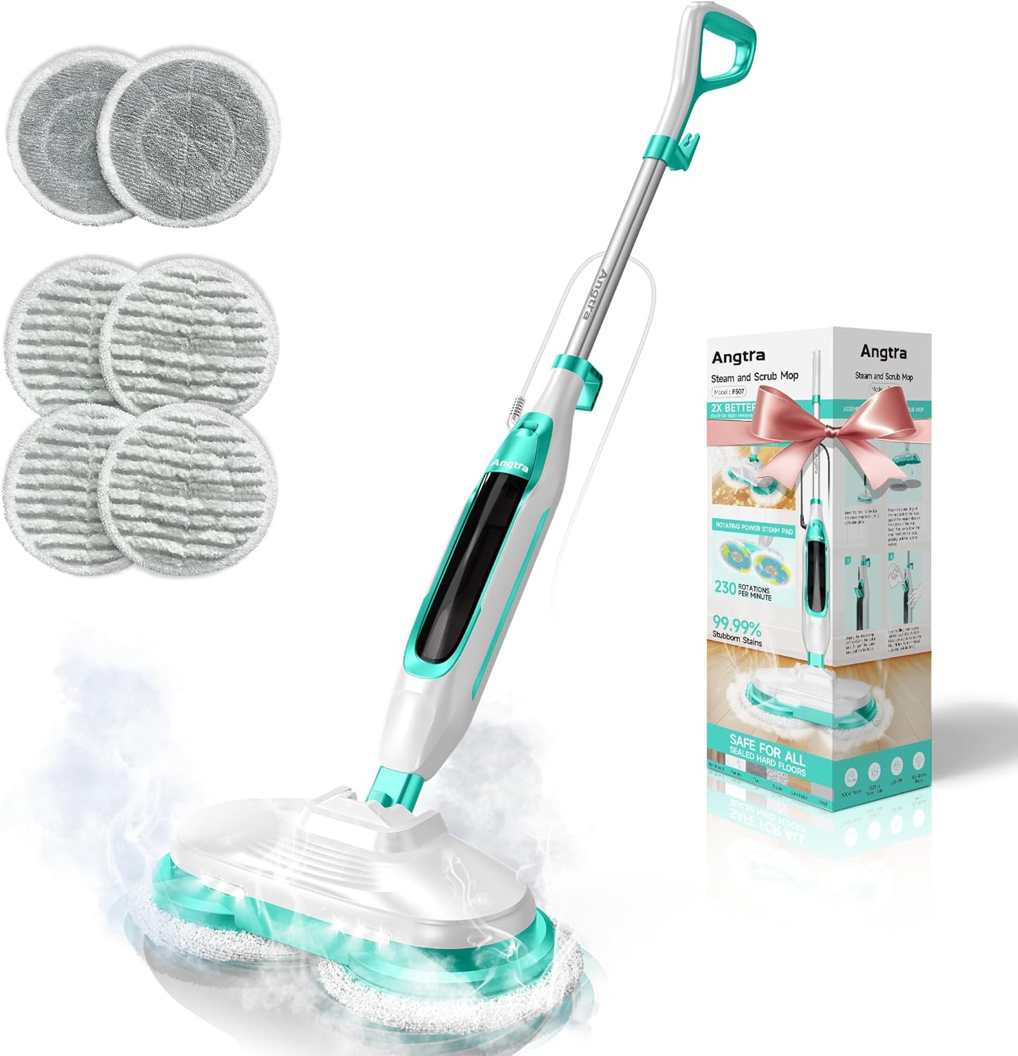 Angtra Scrubbing Steam Mop with Rotating Mop Pads, All-in-One Hard Floor Cleaner with LED Headlights, Steam & Spin Control, 6 Soft Scrub Pads, Swivel Steering, FS07