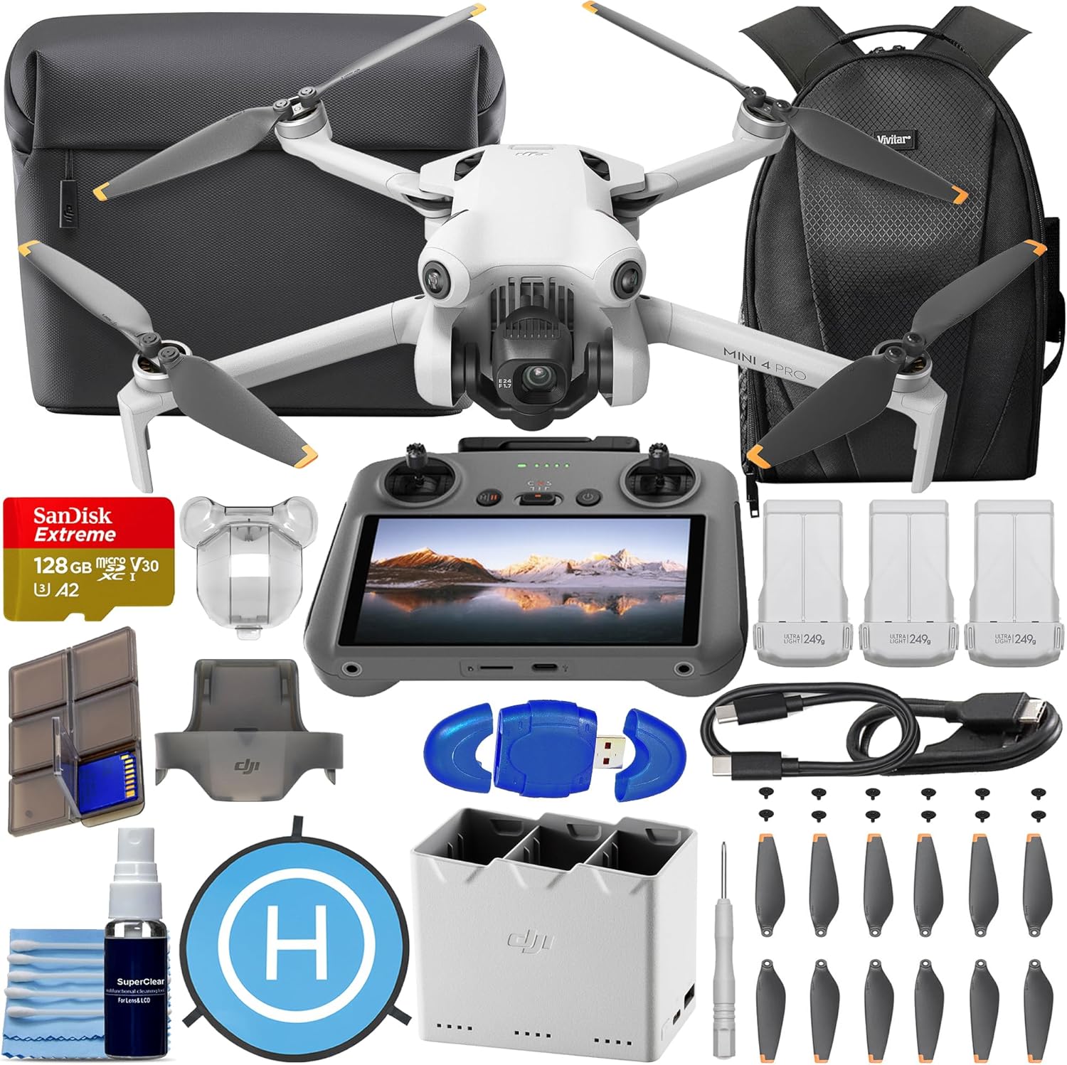 DJI Mini 4 Pro Fly More Combo with DJI RC 2 (Screen Remote Controller), CP.MA.00000735.01 Folding Drone with 4K Video, Under 249g, 34 Mins Flight Time, Vision Sensing + 128GB Card, CPS 2 Year Warranty + Pilot Kit