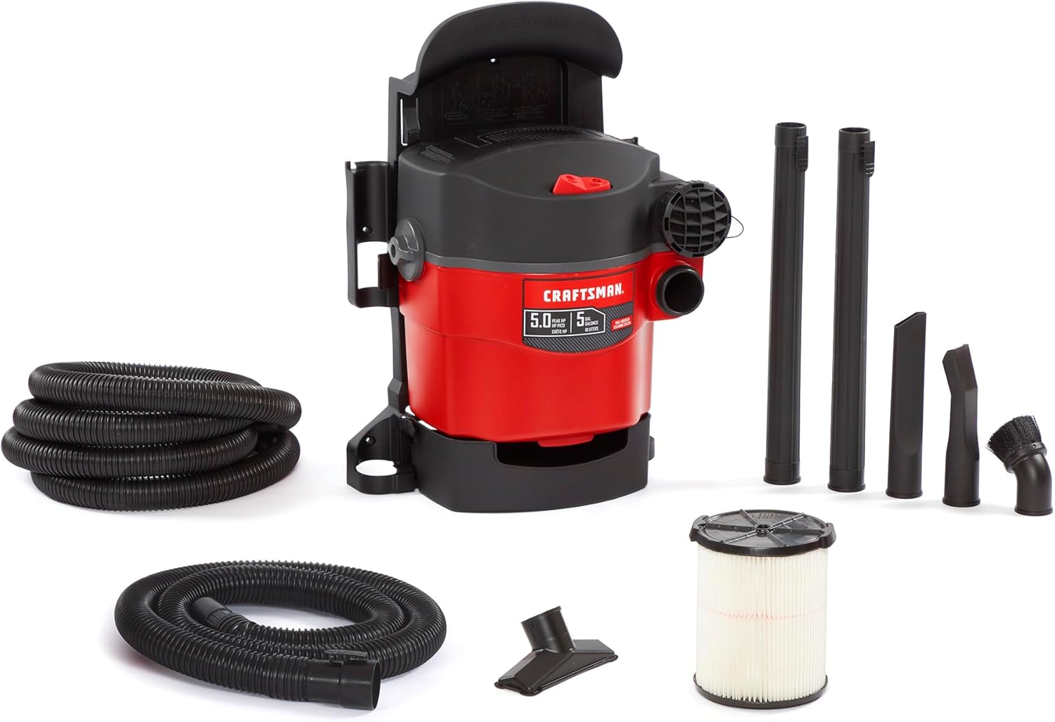 CRAFTSMAN CMXEVBE17925 5 Gallon 5.0 Peak HP Wet Dry Vac, Portable and Wall-Mountable Shop Vacuum with Filter, 2 Hoses and Attachments for Garage and Automotive Cleaning