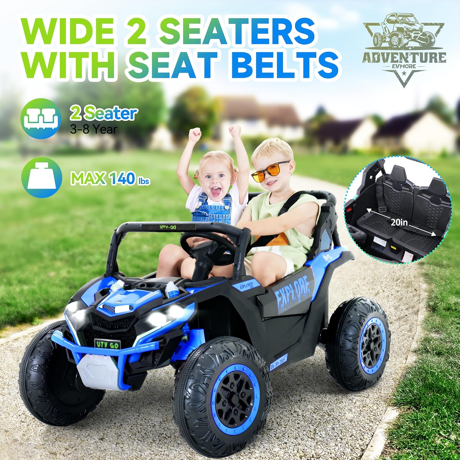 24V 2-Seater Ride-On Car for Big Kids, 4WD Off-Road UTV Electric Vehicle with 7Ah Large Battery, Remote Control, Shock Absorbers, Safety Belt, Music, and LED Lights for Ultimate Adventure (Blue)